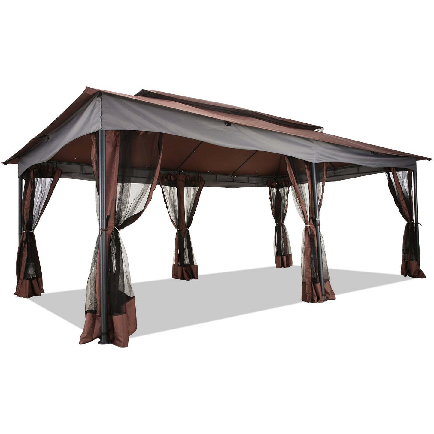 COBIZI 12x20 Outdoor Gazebo with Mosquito Netting Large Backyard Gazebo Tents for Patio, Deck, Party, Backyard with Double Roof Soft Top Screen Gazebo with Metal Steel Frame for Outside, Brown