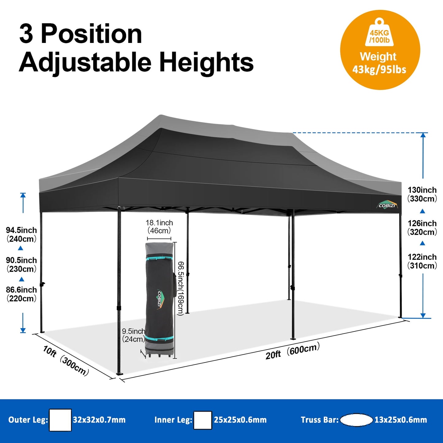 COBIZI 10x20 Pop-up Heavy Duty Canopy Tent with Adjustable Height, Waterproof and Instant Outdoor Shelter, Summer Canopy for Beach,Party,Camping Includes 4 Sandbags,Roller Bag,Dark Blue
