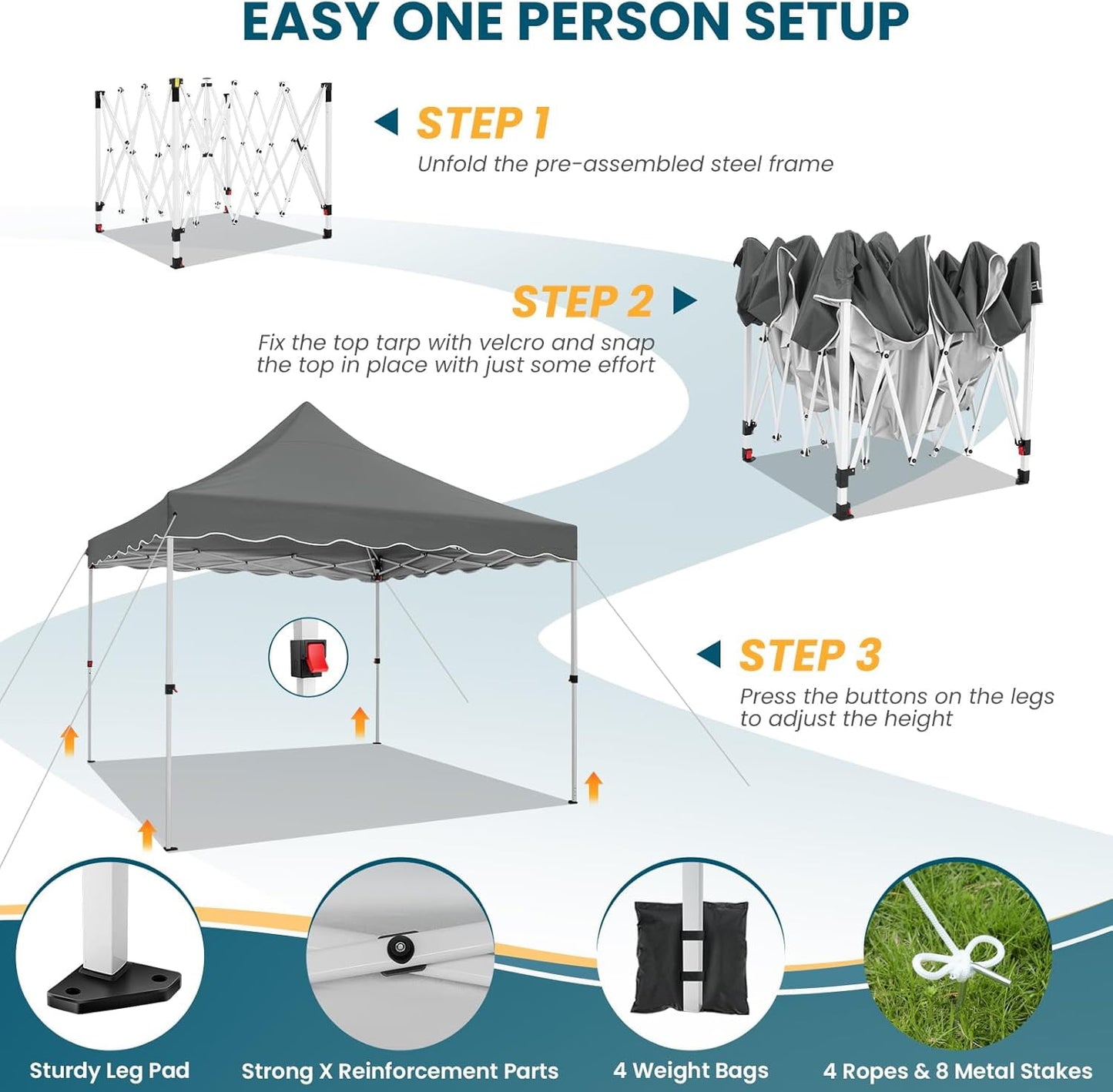 COBIZI Party Tent 10x10 Pop Up Canopy, Easy Setup Canopy Tent with Sandbags, Stakes & Ropes, UPF 50+ Waterproof Outdoor Instant Portable Shelter for Party, Events, Vendor, Gray