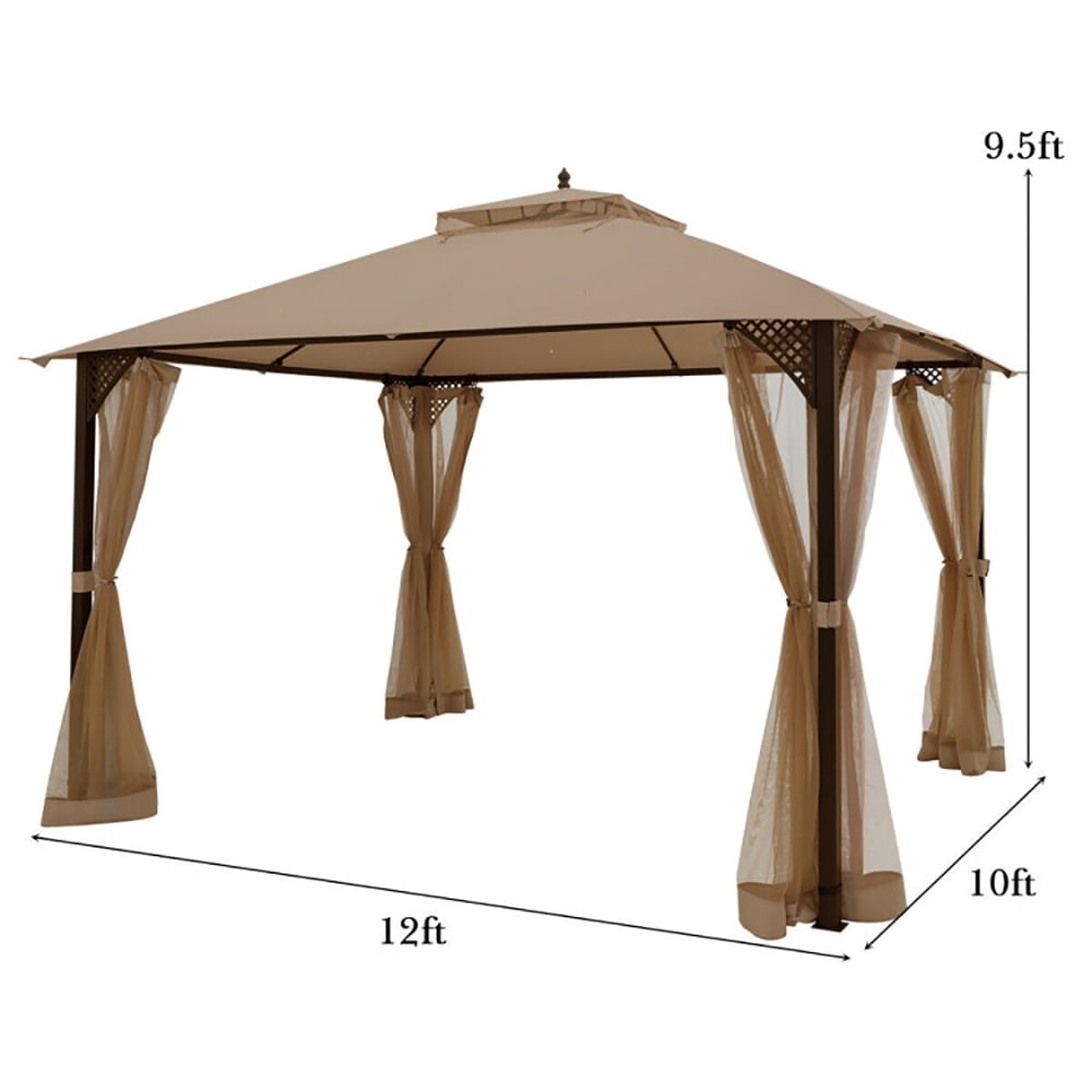 GVN 12 x 10 Feet Outdoor Double Top Patio Gazebo with Netting-Brown, Full Waterproof Outdoor Party Event Tents for Outside Party Waterproof Tent BBQ Shelter