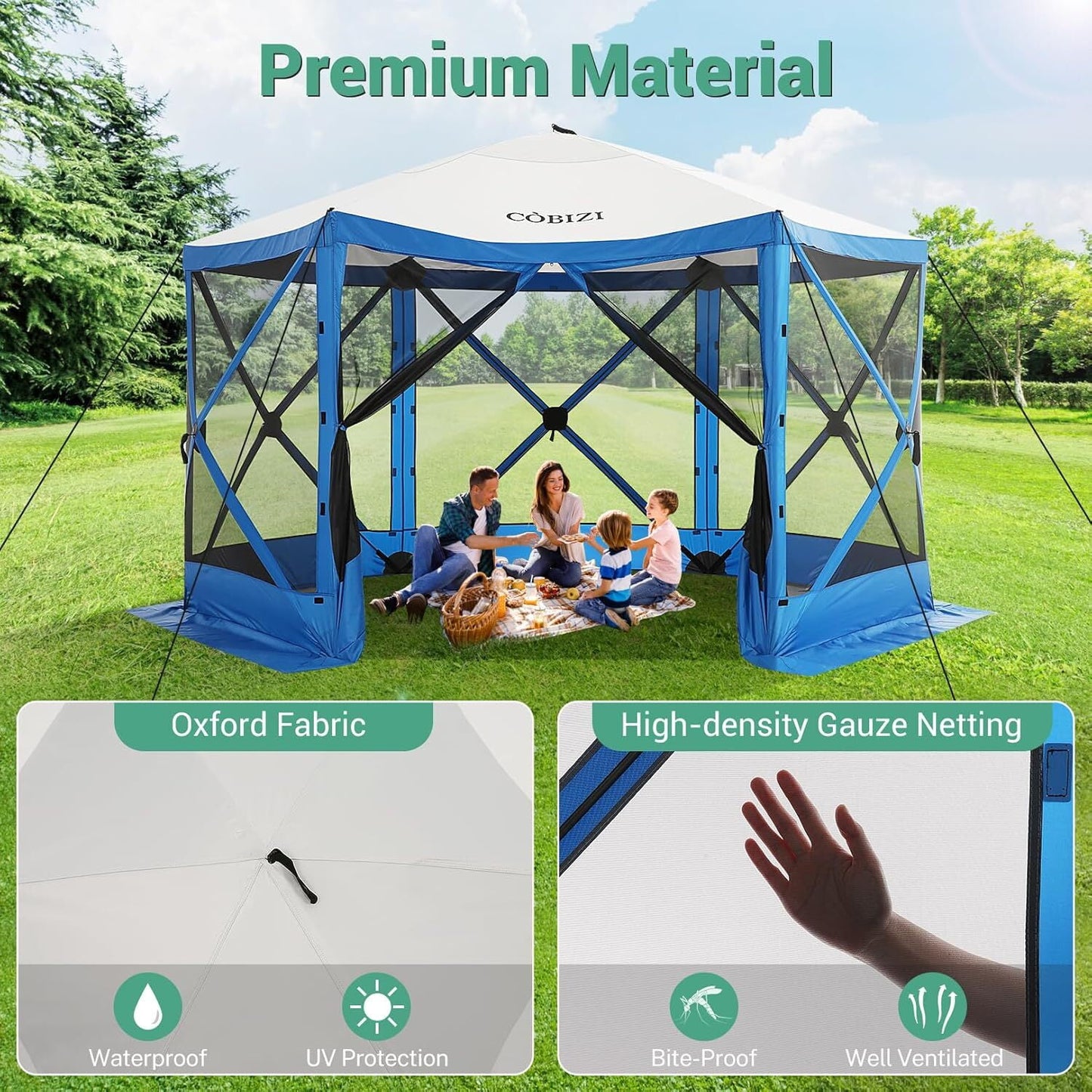 COBIZI 12x12 Pop Up Canopy Gazebo, Outdoor Canopy Tent Screen House with 6 sidewalls and Netting for Camping, Waterproof, UV Resistant, Ez Set-up Party Tent with Carrying Bag and Ground Stakes,Blue