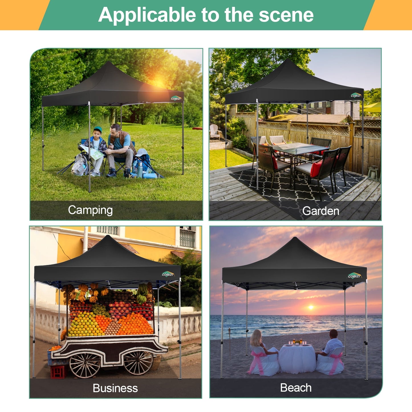 COBIZI 10 x 10 Heavy Duty Pop-up Canopy Tent with Adjustable Height, UPF 50+ Waterproof and Instant Outdoor Shelter, Outdoor Tent Includes 4 Sandbags, and Carrying Bag,Black