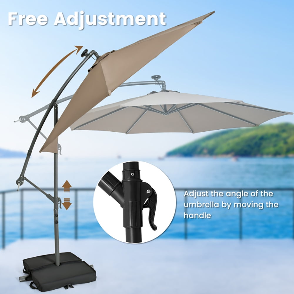 GVN 10 Feet Cantilever Umbrella with 32 LED Lights and Solar Panel Batteries-Tan, Patio Offset Umbrella with Easy Tilt Adjustment, Cantilever Patio Umbrellas, Sunshade Umbrella Canopy