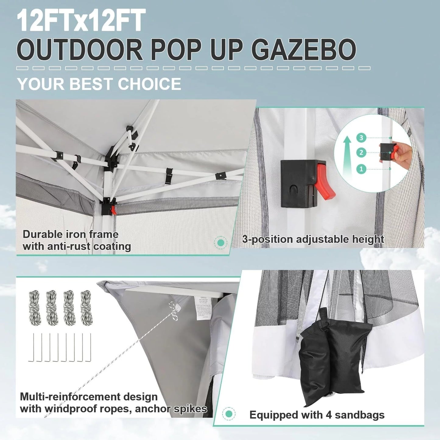 COBIZI 12x12 Garden Pop-up Gazebo with Mosquito Netting, Vented Top & Side Zip, 3 Adjustable Heights, Gray