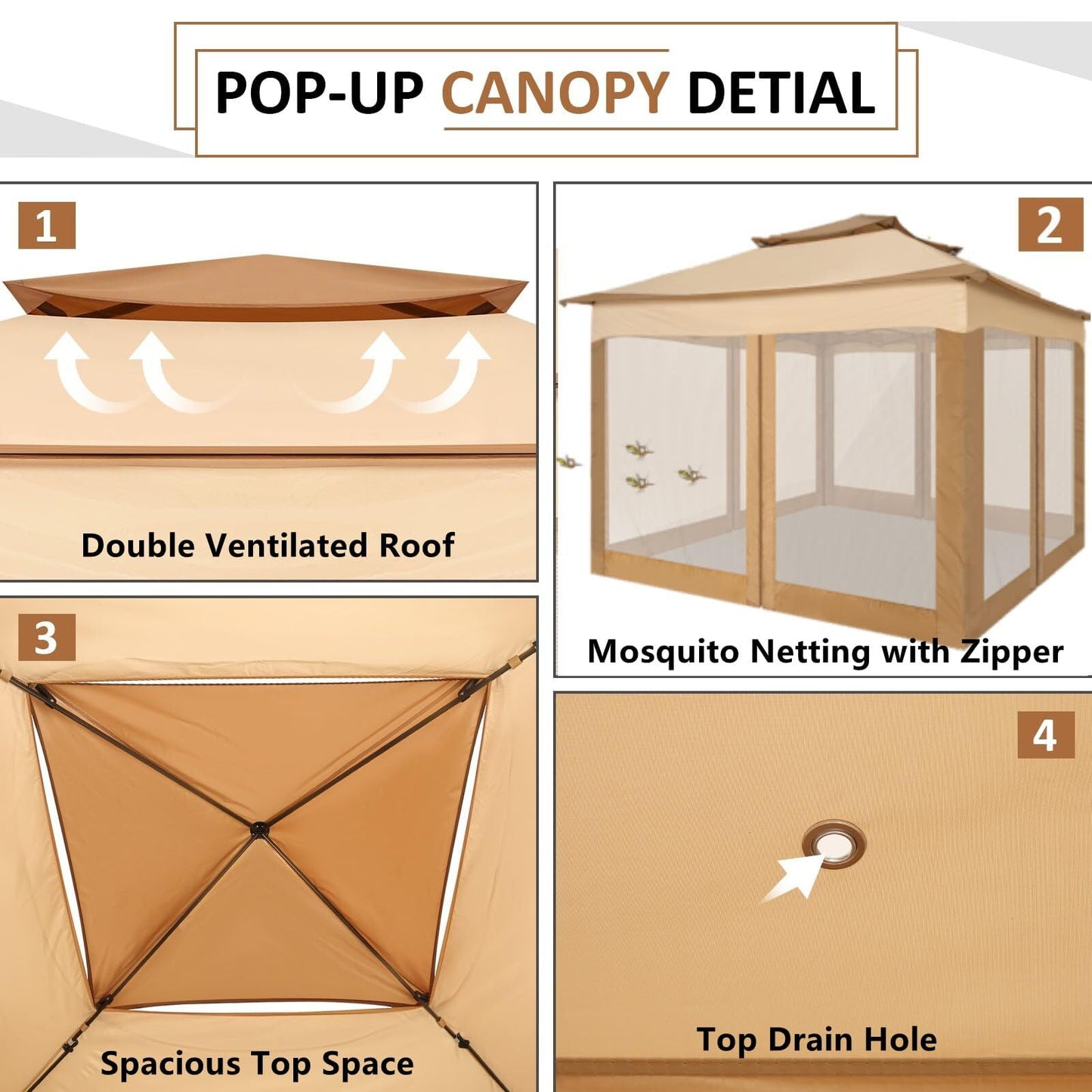 Hoteel Gazebo Canopy Tent, Pop-up Canopy 11x11 Tents for Parties, Outdoor Gazebo with Mosquito Netting and Vented Roof, Screen House for Garden Patio Backyard, Khaki