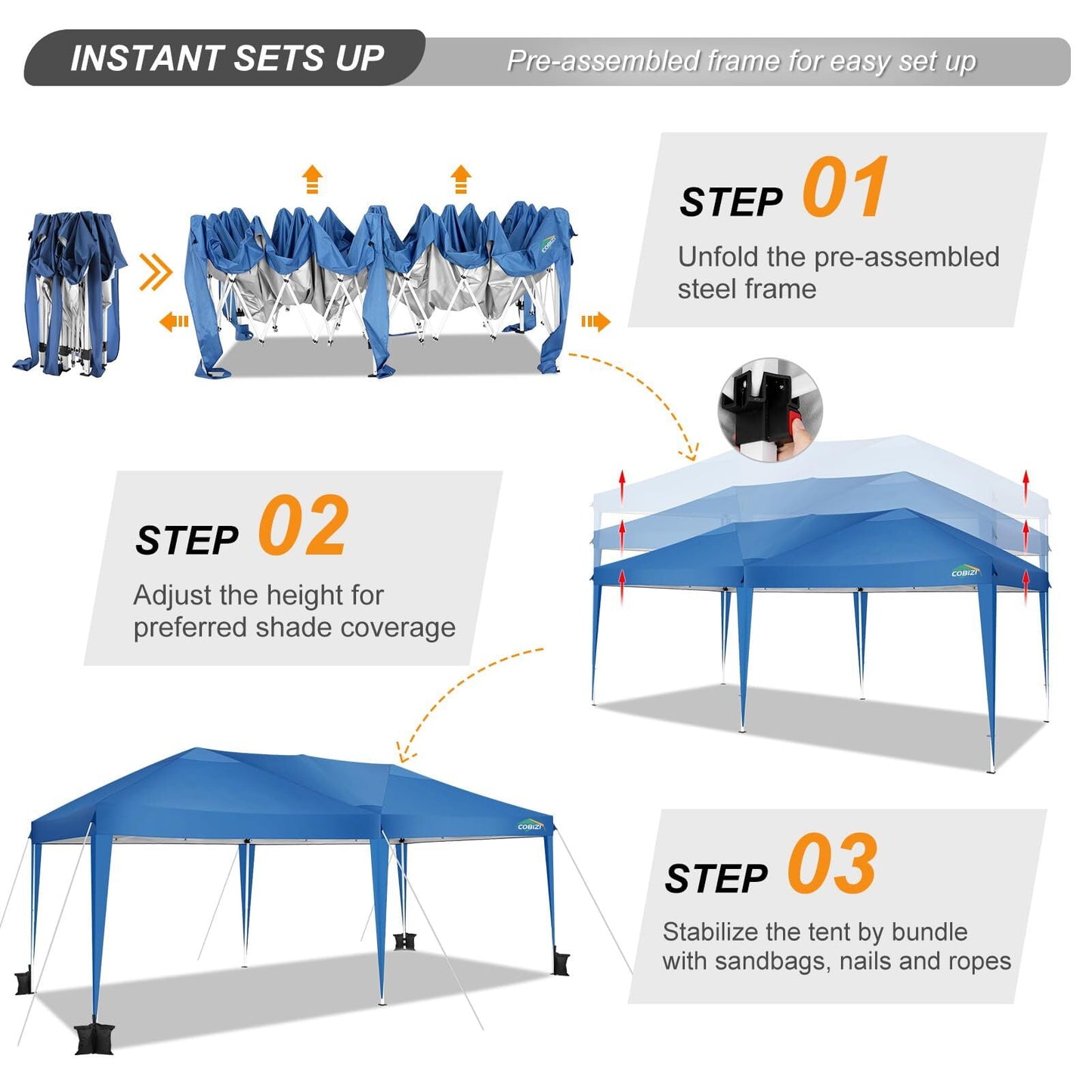 COBIZI 10x20 EZ Pop Up Canopy Tent Party Tent Outdoor Event Protable Instant Shelter Tent Gazebo with 6 Removable Sidewalls and Carry Bag,Blue