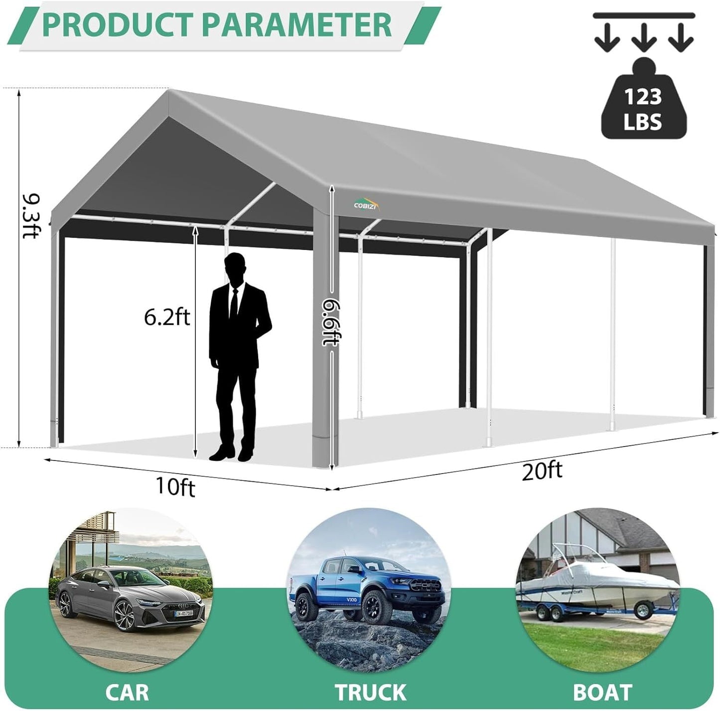 COBIZI 10x20ft Carport Heavy Duty, Portable Car Garage with Built-in Sandbags, Waterproof Car Canopy for Truck, Boat, SUV with All-Season Tarp, Gray