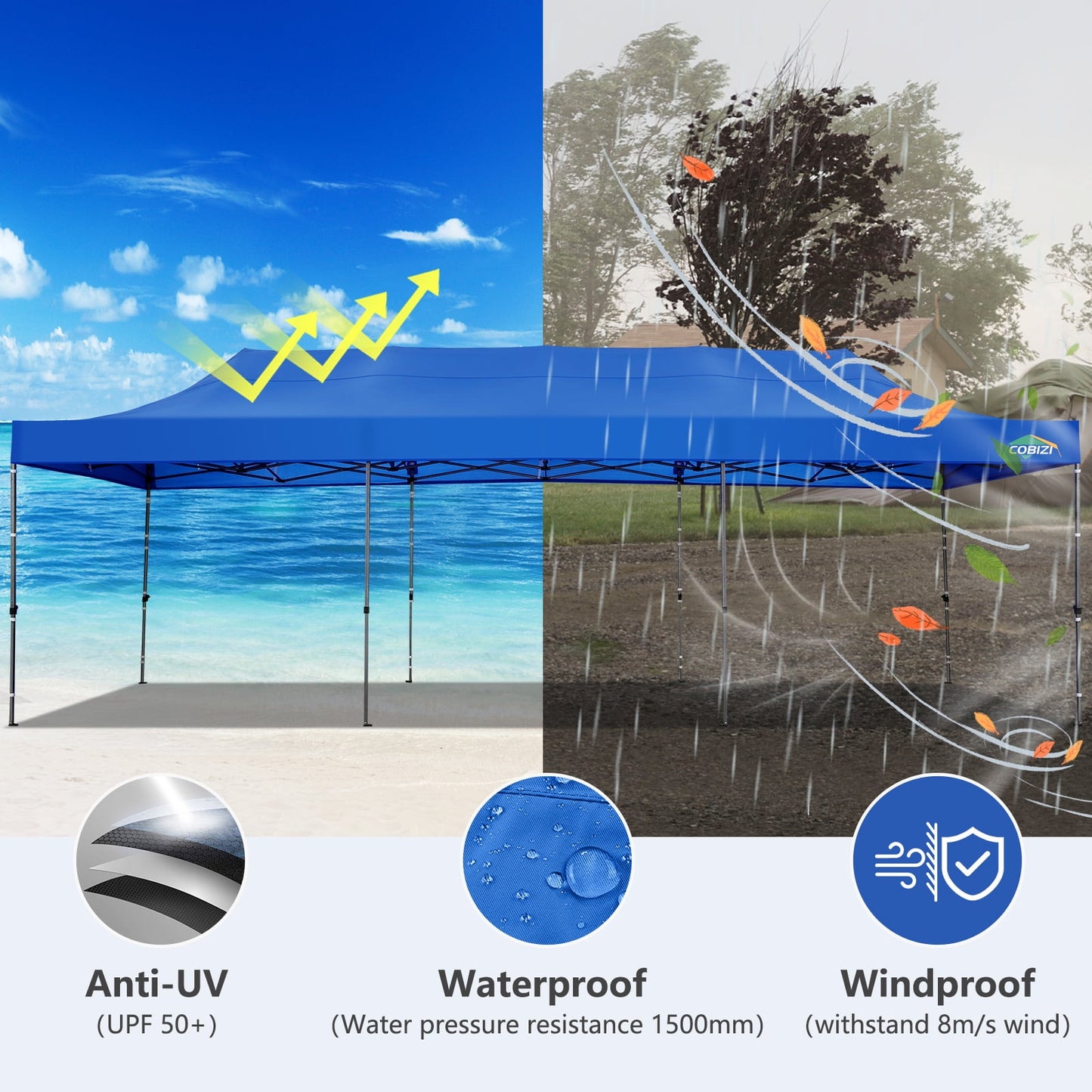 COBIZI 10 x 30 Heavy Duty Pop-up Canopy Tent with Adjustable Height, Waterproof and Instant Outdoor Shelter, Summer Canopy for Beach,Party,Camping Includes 4 Sandbags, and Carrying Bag,Blue