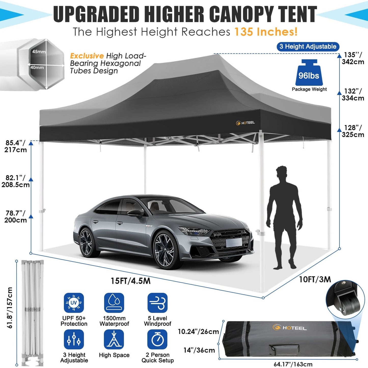 COBIZI 10x15 Pop up Canopy Tent, 10 x 15 Heavy Duty Ez up Canopy, Commercial Instant Party Tent with Roller Bag & Sand Bags,420D Waterproof Oxford & UPF 50+,Black(Frame Thickened & Windproof)