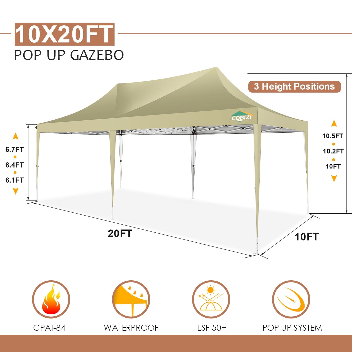 COBIZI 10x20 Pop-up Canopy Tent, Outdoor Events Canopy Tent with 6 Removable Sidewalls,for Backyard, Parties, Wedding, Khaki