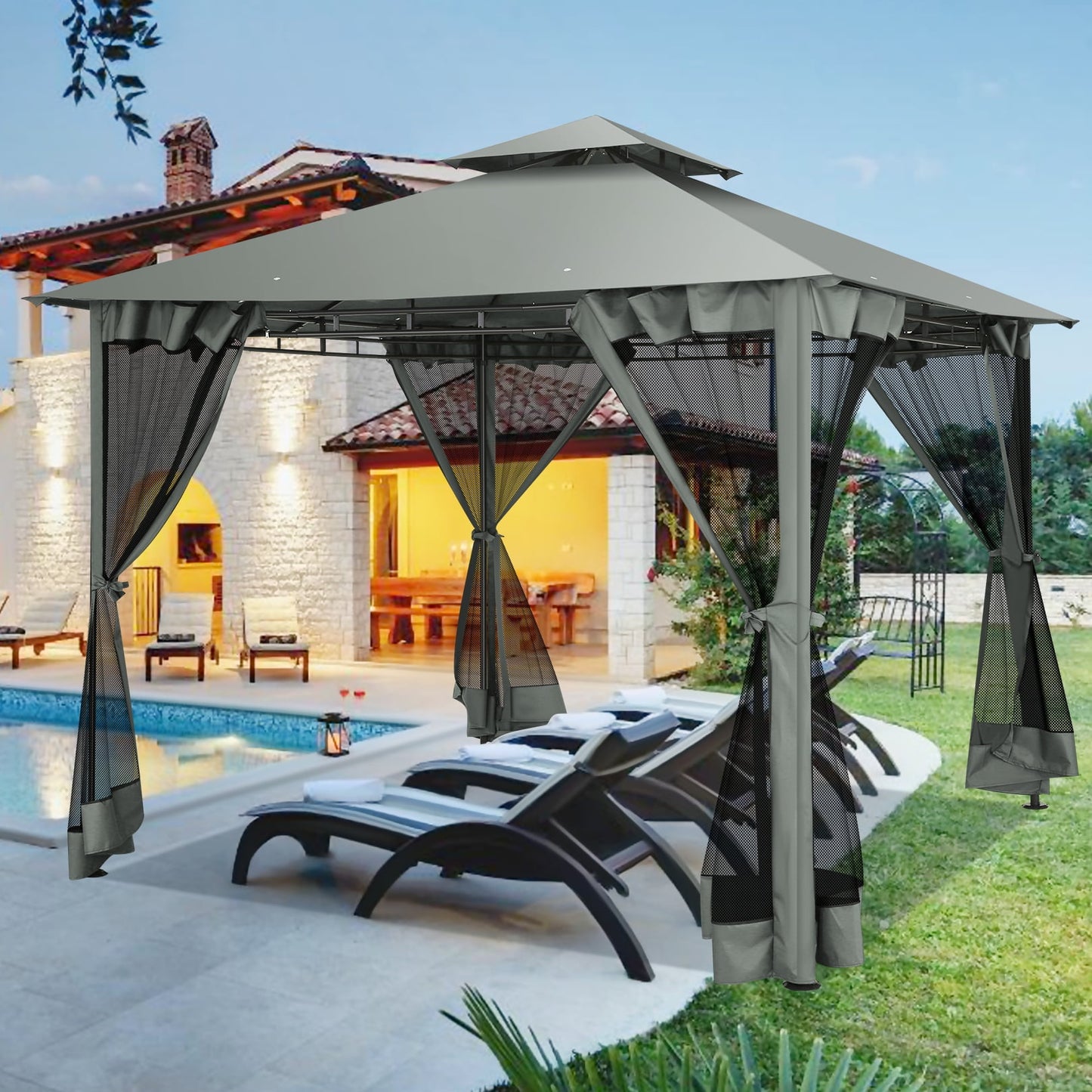 COBIZI Easy Assembly Outdoor Furniture Patio Canopy,10x10 Outdoor Gazebo with Mosquito Netting,Shade Tent for Party, Backyard, Deck, Patio Lawn & Garden,Gray