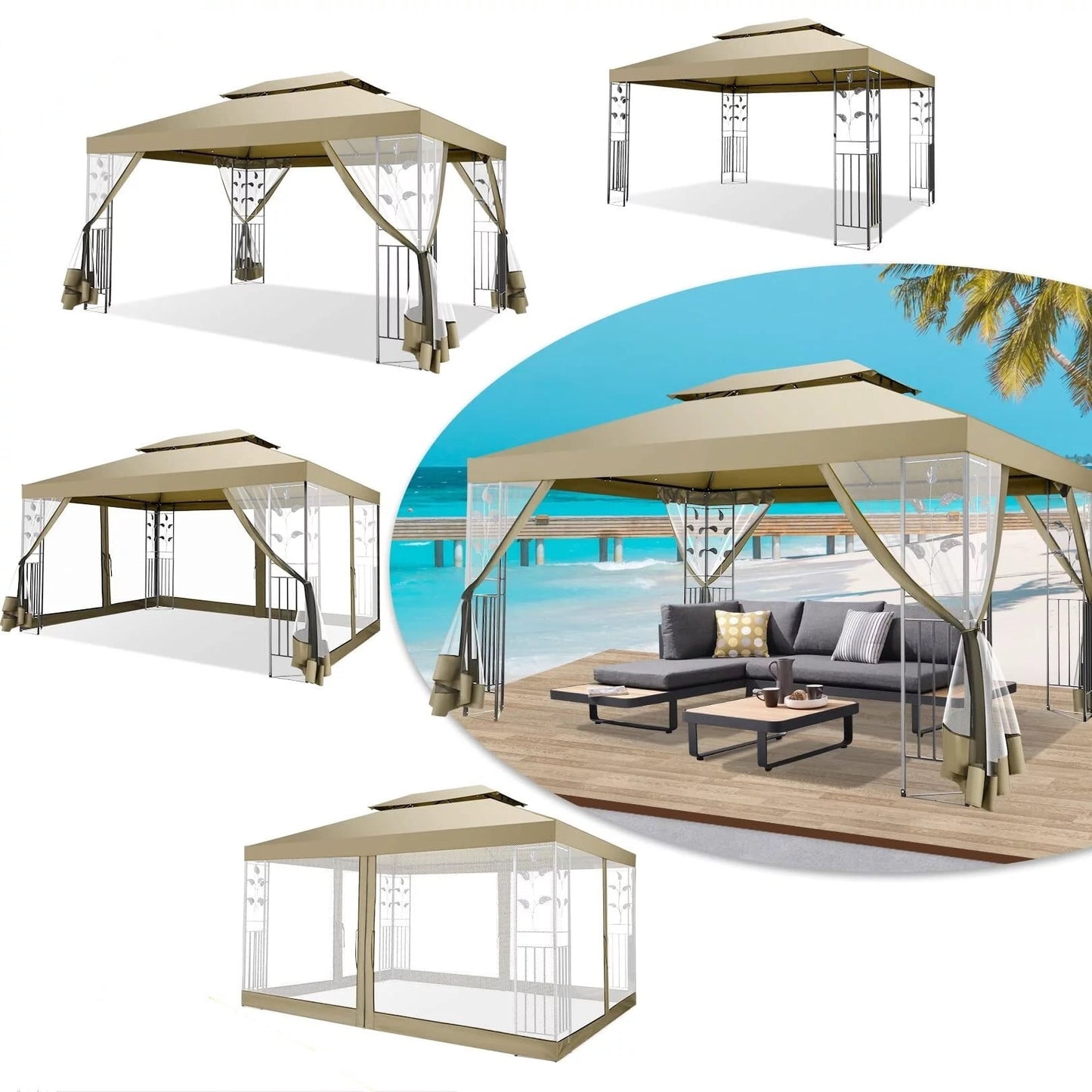 COBIZI 10'x 13' Metal Patio Gazebo, Outdoor Gazebo Canopy Tent for Backyard with Mosquito Netting, Gazebos Shelter with Steel Frame, Patio Covers for Sun and Rain, Khaki