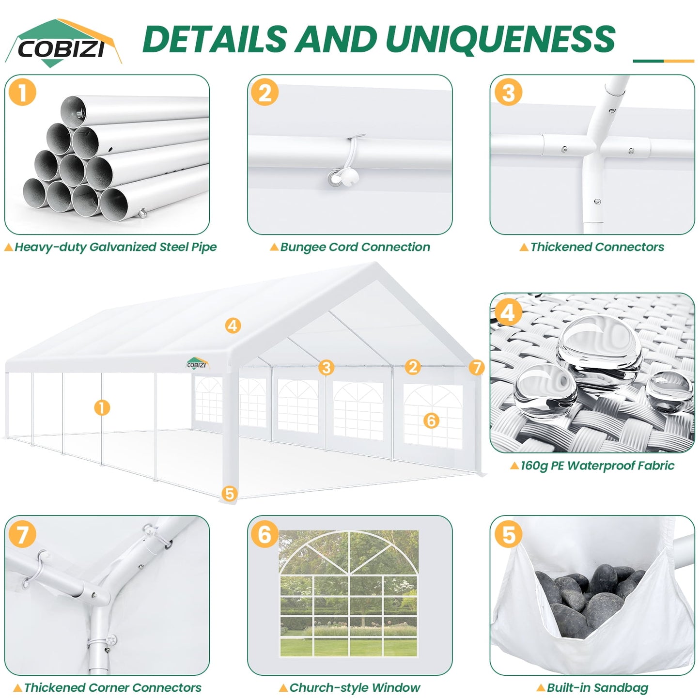 COBIZI 16x32ft Party Tent, Heavy Duty Wedding Tent with Removable Sidewalls, Large Outdoor Event Tent, White Tent for Party, Carpas Para Fiestas, Canopy Tent with Built-in Sandbags, UV 50+, Waterproof