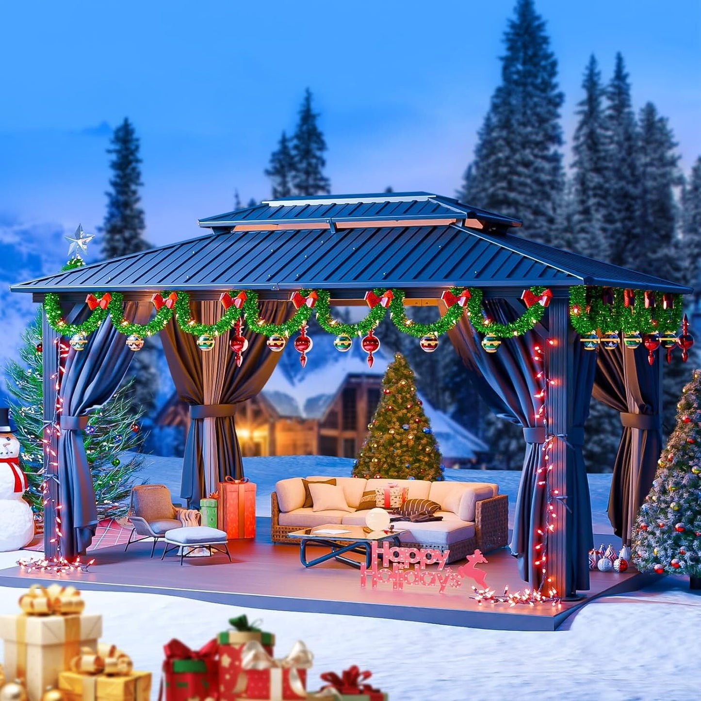 COBIZI 10x12 Hardtop Gazebo Aluminum Metal Gazebos Galvanized Steel Double Roof Permanent Hardtop Gazebo with Netting and Curtains Aluminum Frame Steel Gazebos for Deck, Lawns and Backyard, Black