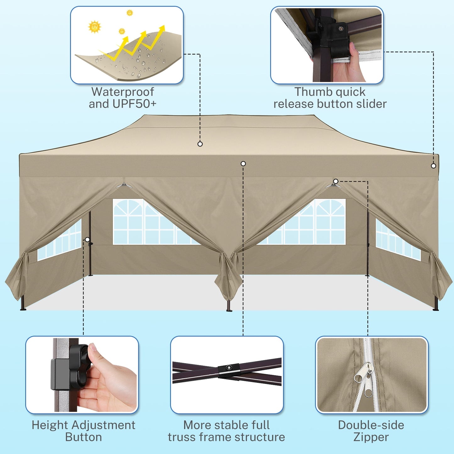 COBIZI 10x20 Pop Up Canopy Tent Heavy Duty with 6 Removable Sidewalls,Commercial Pop Up Tent for Parties All Weather Waterproof Wedding Tent with Roller Bag(Khaki)