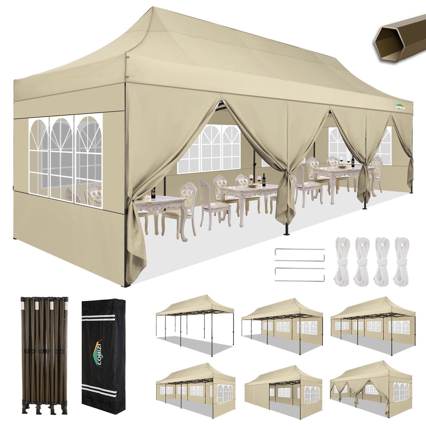 COBIZI Heavy Duty 10x30 Party Tent,Commercial pop up Canopy for Parties,Waterproof Gazebos, 8 Sidewalls,Waterproof UPF50+,Stable Thickened Frame,Khaki