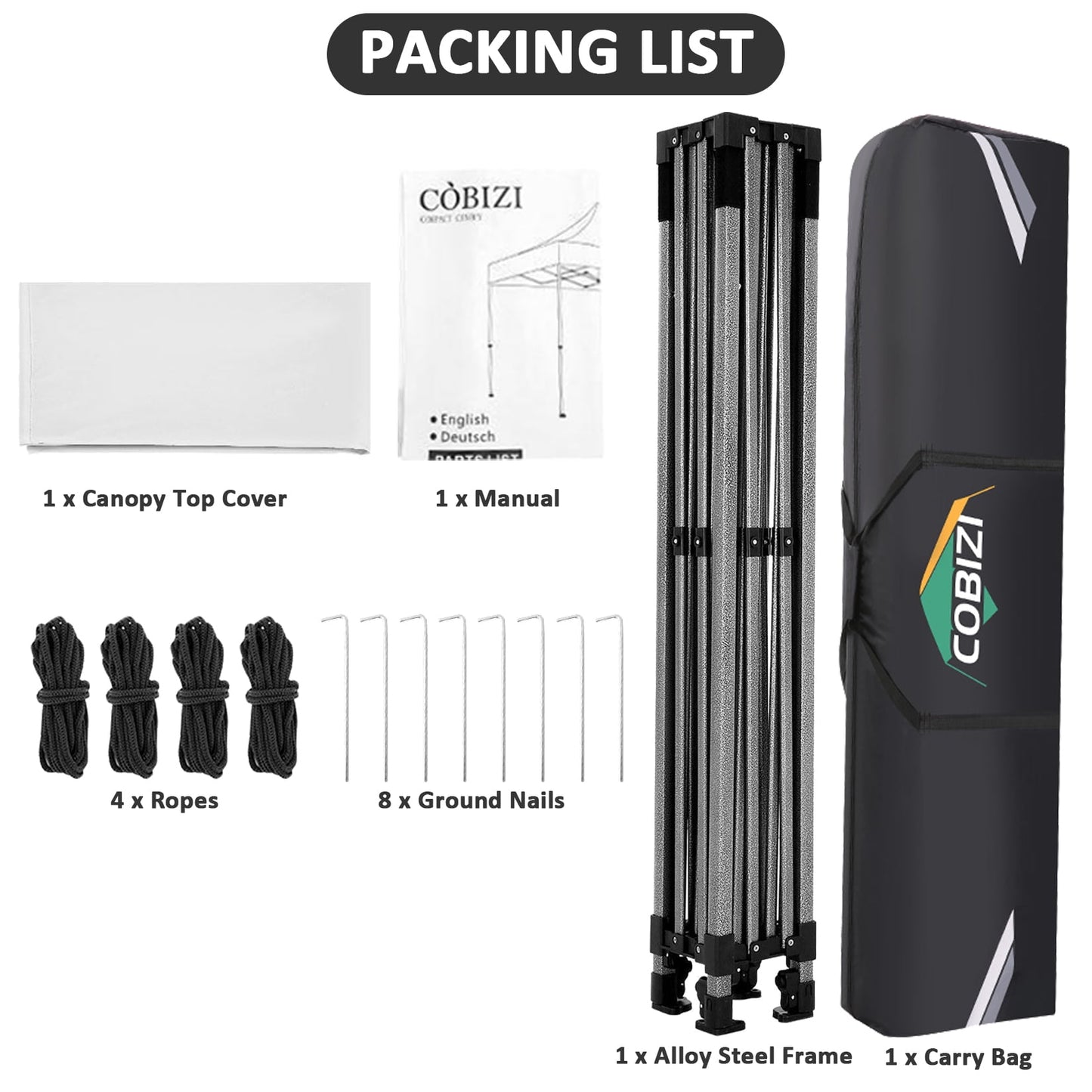 COBIZI 10 x 10 Heavy Duty Pop-up Canopy Tent with Adjustable Height, UPF 50+ Waterproof and Instant Outdoor Shelter, Outdoor Canopy for Beach,Party,Camping Includes 4 Sandbags, and Carrying Bag,Gray