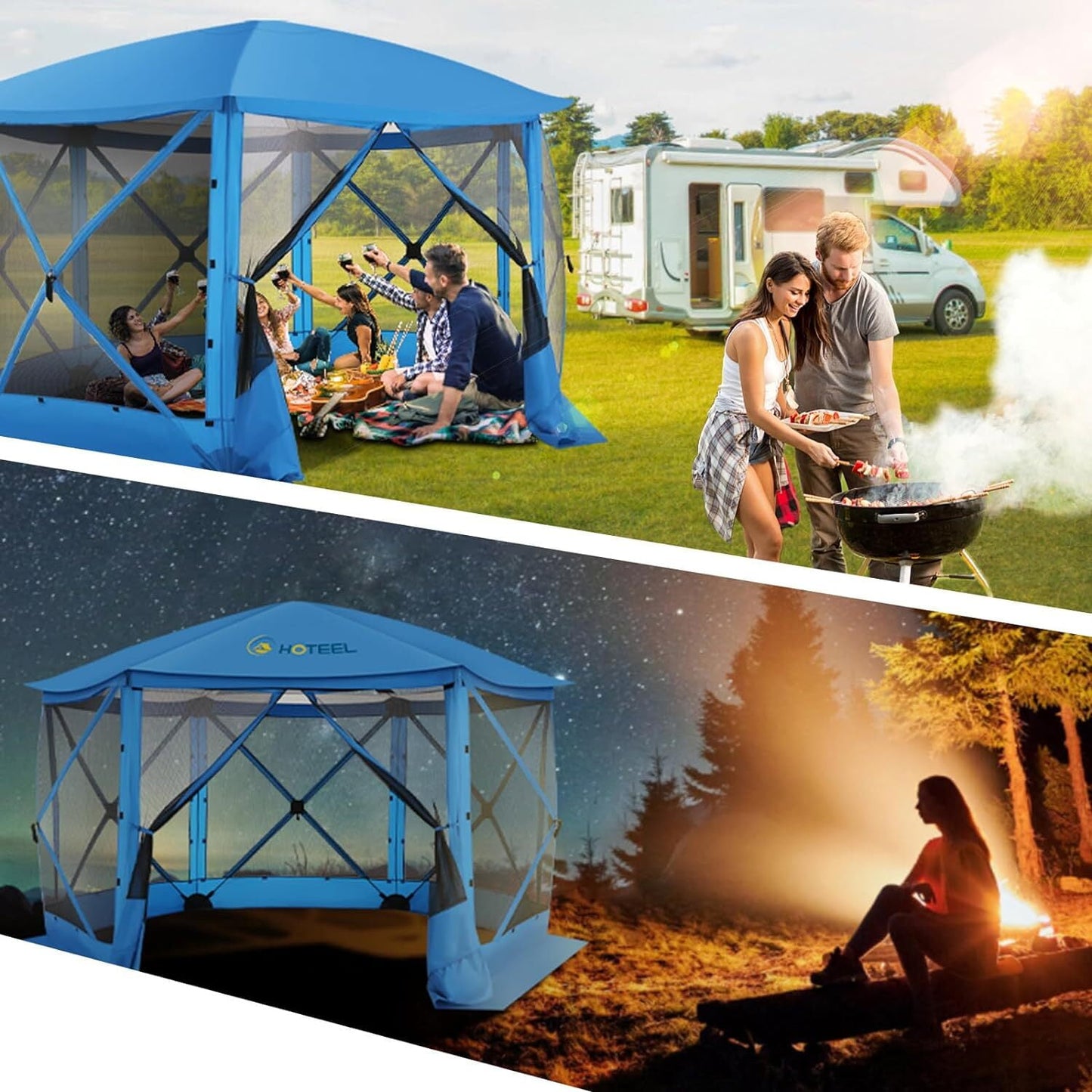 COBIZI 12x12 Pop-up Gazebo Starry Sky Screen Canopy Tent Screen House for Camping, Screen Room with Mosquito Netting, Hub Tent Instant Screened Canopy with Carrying Bag and Ground Stakes, Blue