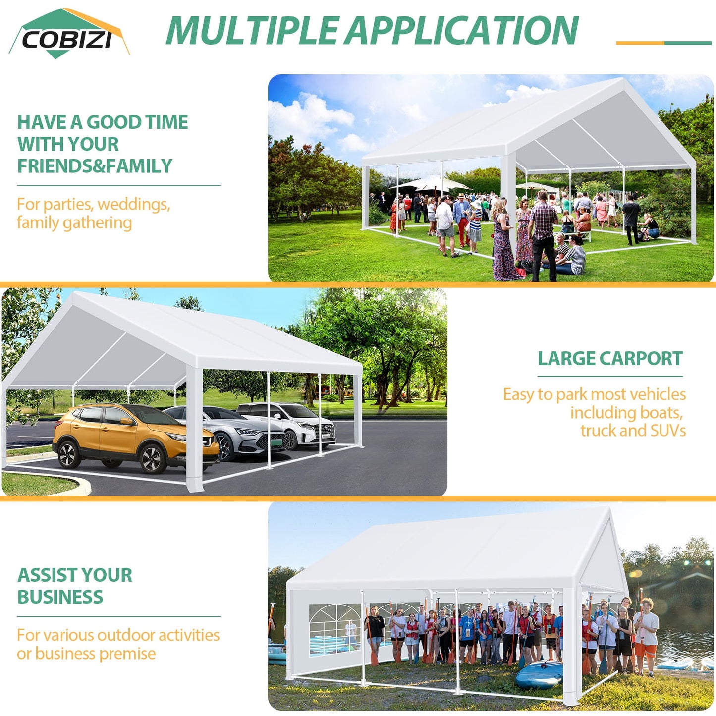 COBIZI 20x20ft Party Tent Heavy Duty, Wedding Tent, Event Tents for Parties, Carpas para Fiestas with Removable Sidewalls, Large Tent with Built-in Sandbag, UV50+, Big Tent for Party, Carport, White