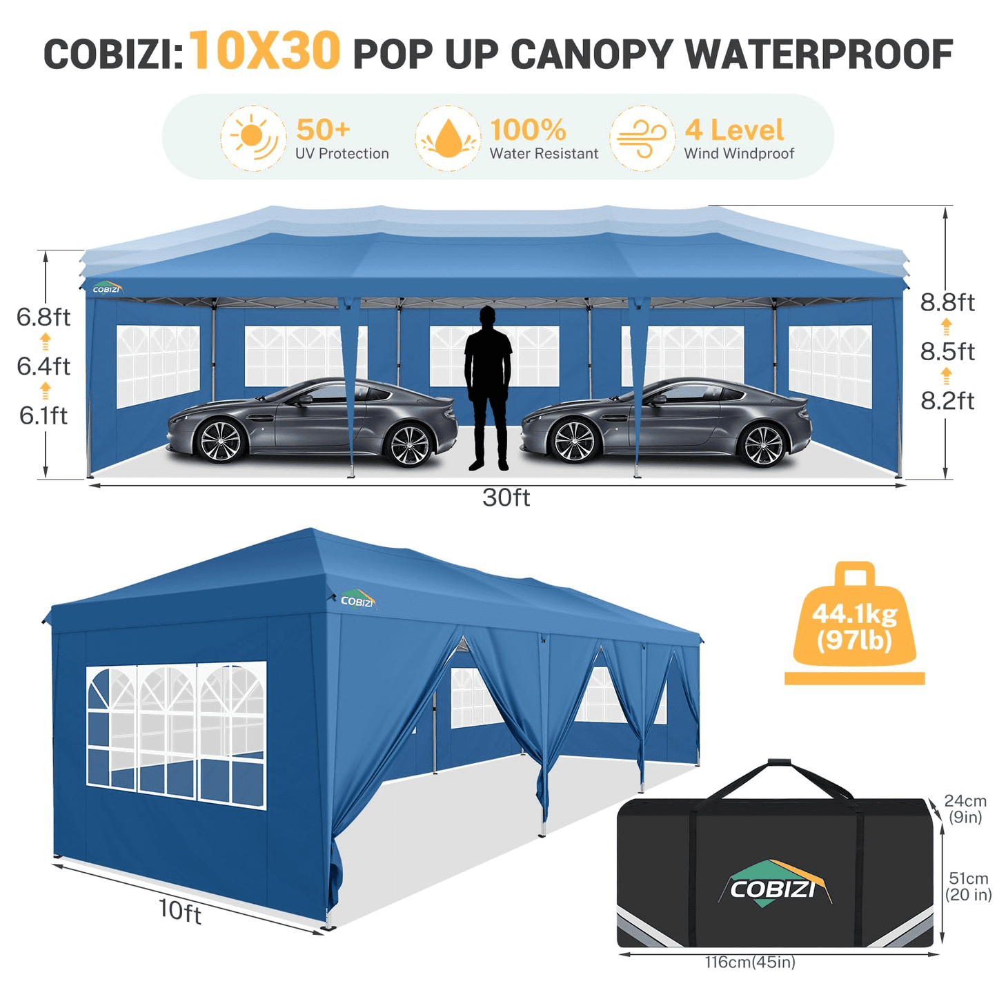 COBIZI 10x30 Pop Up Canopy Party Tent 10x30 Canopy Tent with 8 Sidewalls,Waterproof UPF 50+ 0utdoor Wedding Event Tents for Parties Backyard Canopy Gazebo with 4 Sand Bags&Carry Bags,Blue