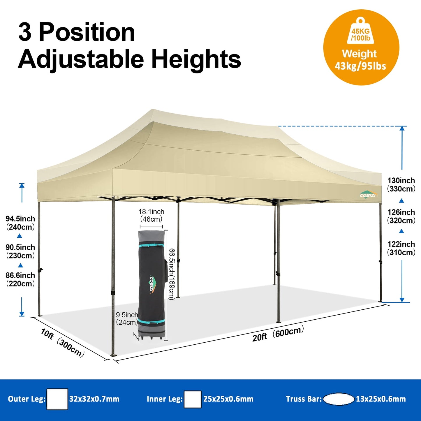COBIZI 10x20 Pop-up Heavy Duty Canopy Tent with Adjustable Height, Waterproof and Instant Outdoor Shelter, Summer Canopy for Beach,Party,Camping Includes 4 Sandbags,Roller Bag,Dark Blue
