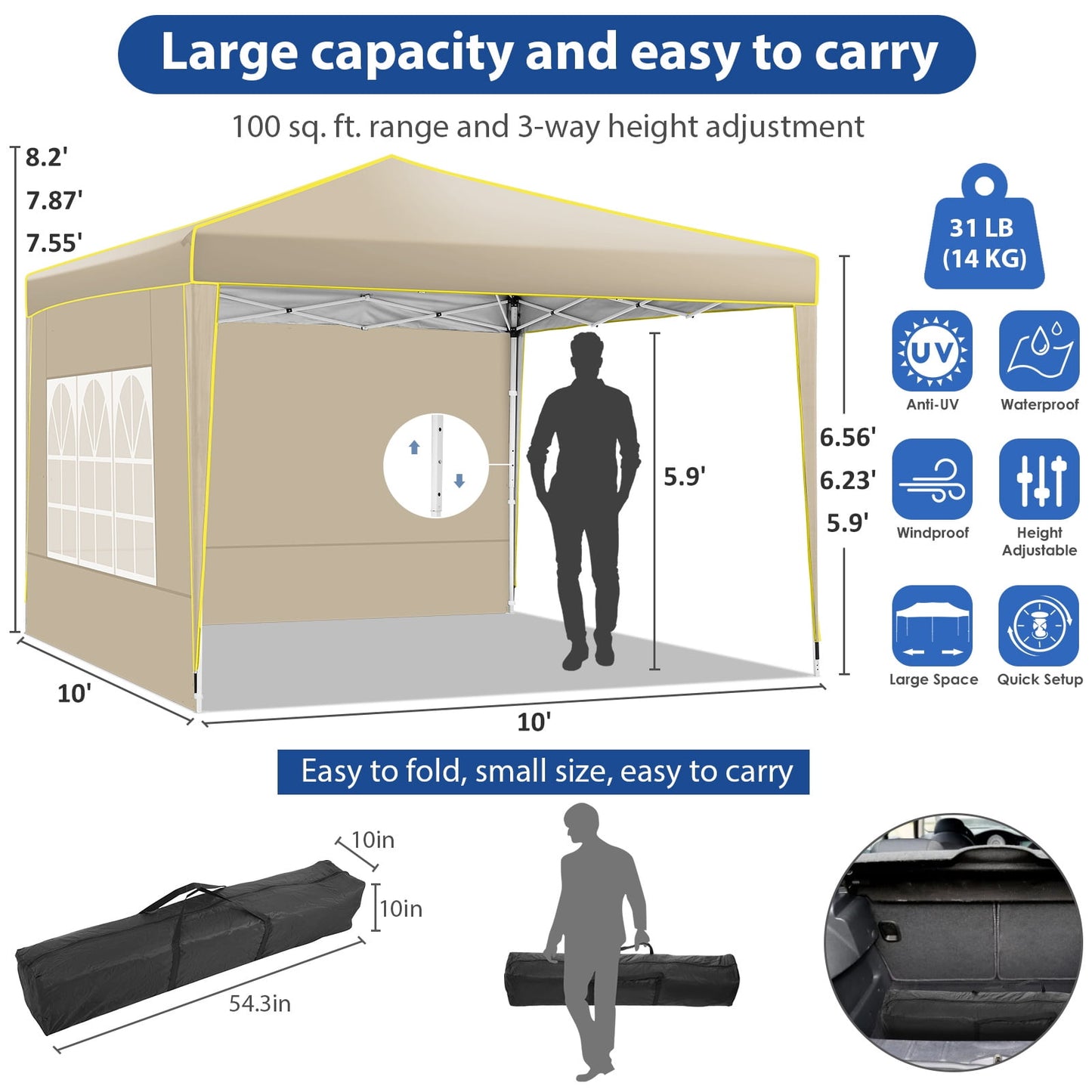 COBIZI 10x10 Pop up Canopy, Easy up Gazebos, Ez up Canopy with Church Window for Parties Beach Party Event Shelter Sun Shade with 4 Sidewalls & Carry Bag 4 Stakes & Ropes & Sandbags, Gray