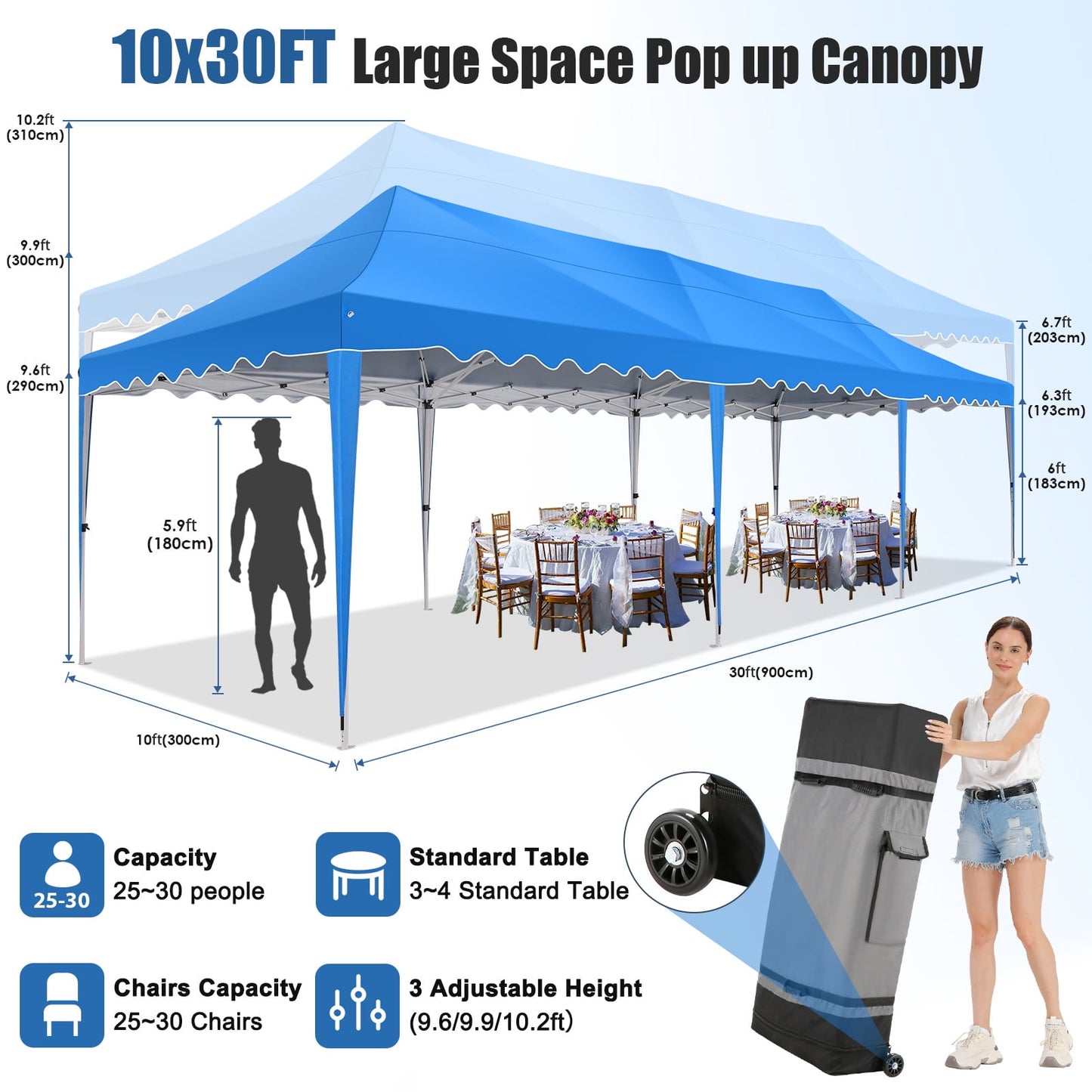 COBIZI 10x30 Pop-up Canopy Tent with 8 Sidewalls,UPF 50+ Windproof 2000+Waterproof Wedding Event Tents for Outdoor Events,Party Parties Canopy with Roller Bag,Blue
