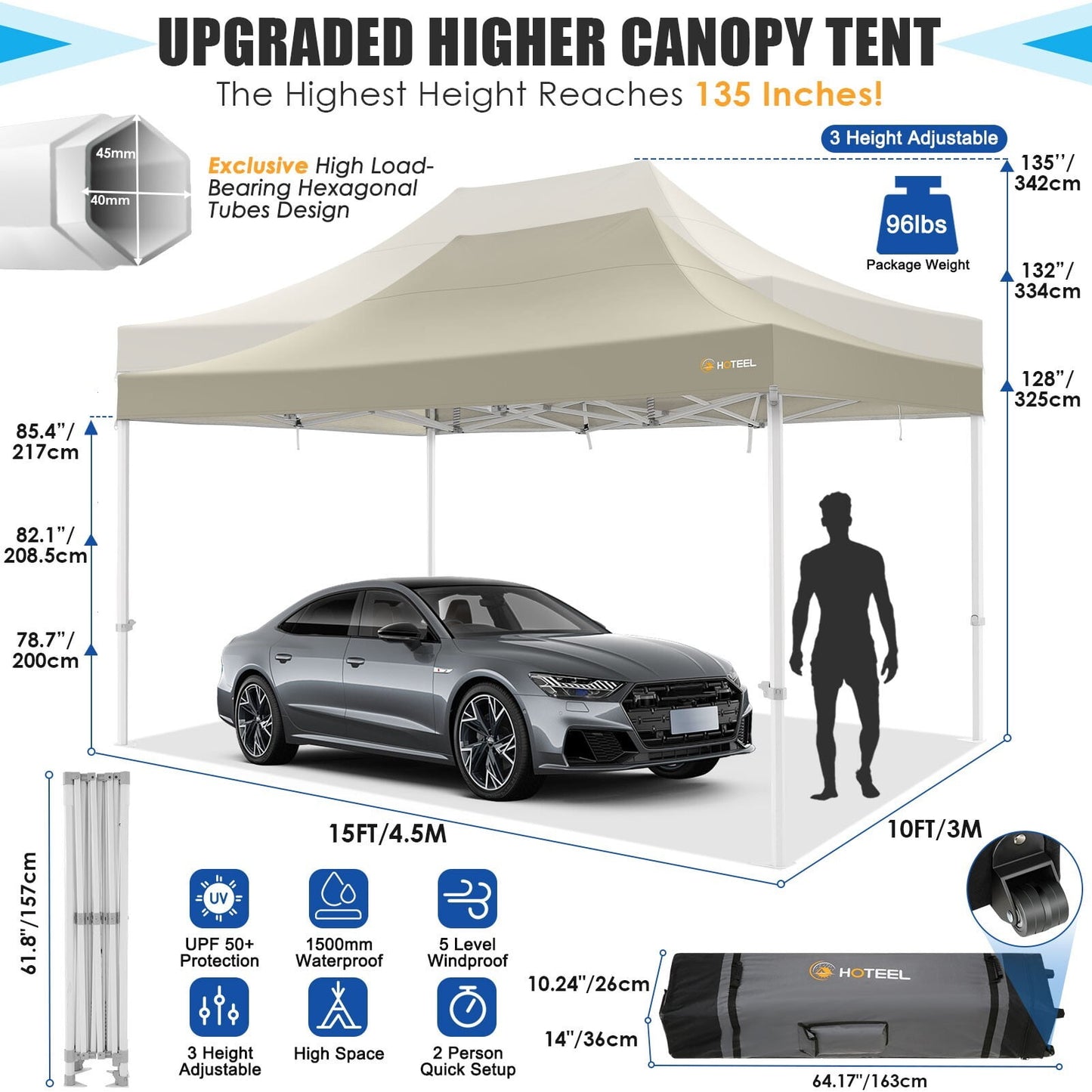 COBIZI 10x15 Canopy Tent Heavy Duty Pop Up Canopy Tent for Parties Event Wedding Commercial Easy Up Canopy with Roller Bag,UV 50+ & Upgraded No Water Accumulation, Thick Hexagonal Legs,Dark Blue