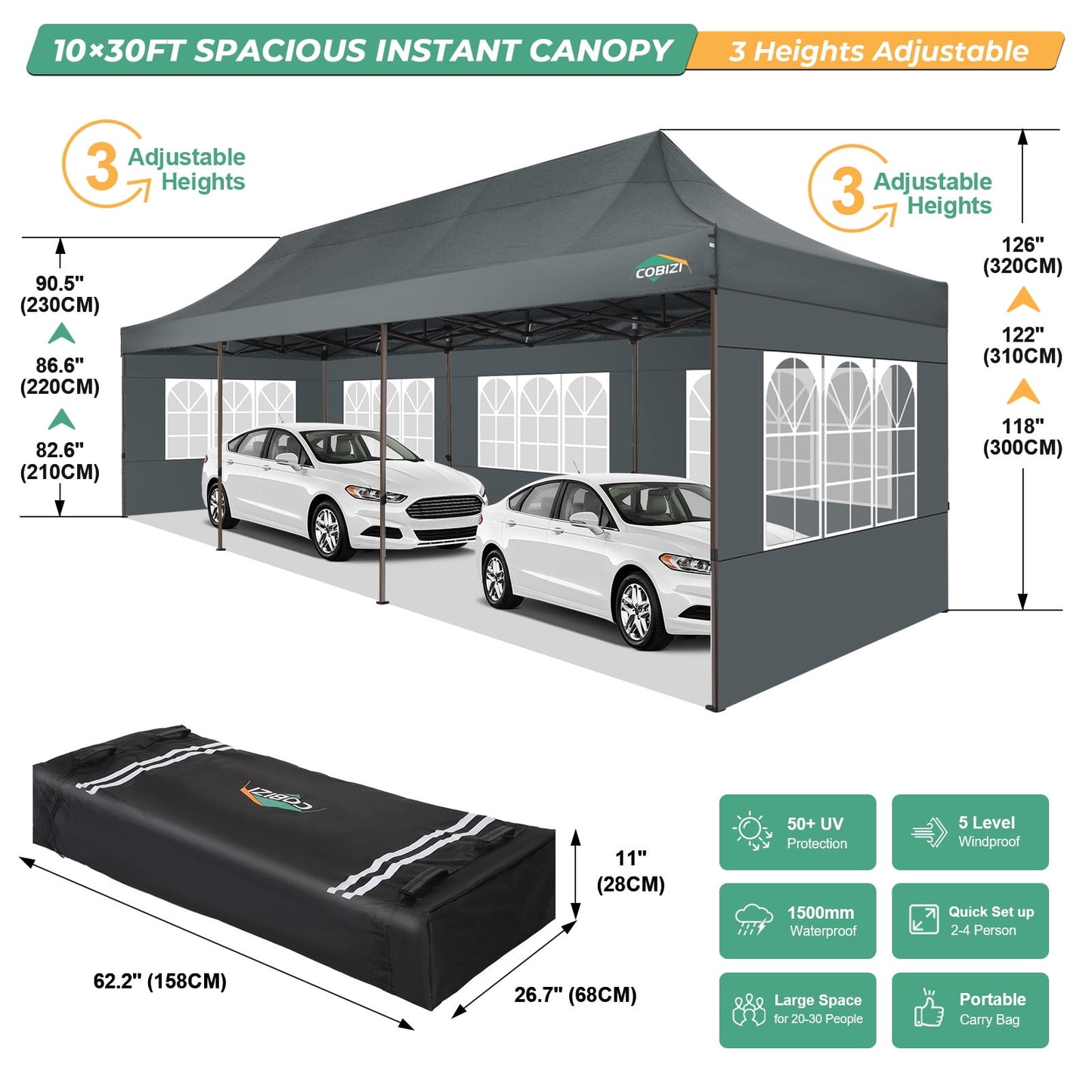 COBIZI Heavy Duty 10x30 Party Tent,Commercial pop up Canopy for Parties,Waterproof Gazebos, 8 Sidewalls,Waterproof UPF50+,Stable Thickened Frame,Gray