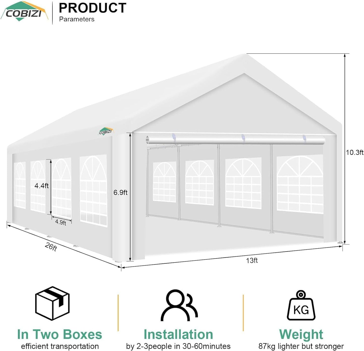 COBIZI 13x26 Canopy Tent, Heavy Duty, Removable Sidewalls, Weatherproof, UV 50+ Event Shelter, Easy Installation, White