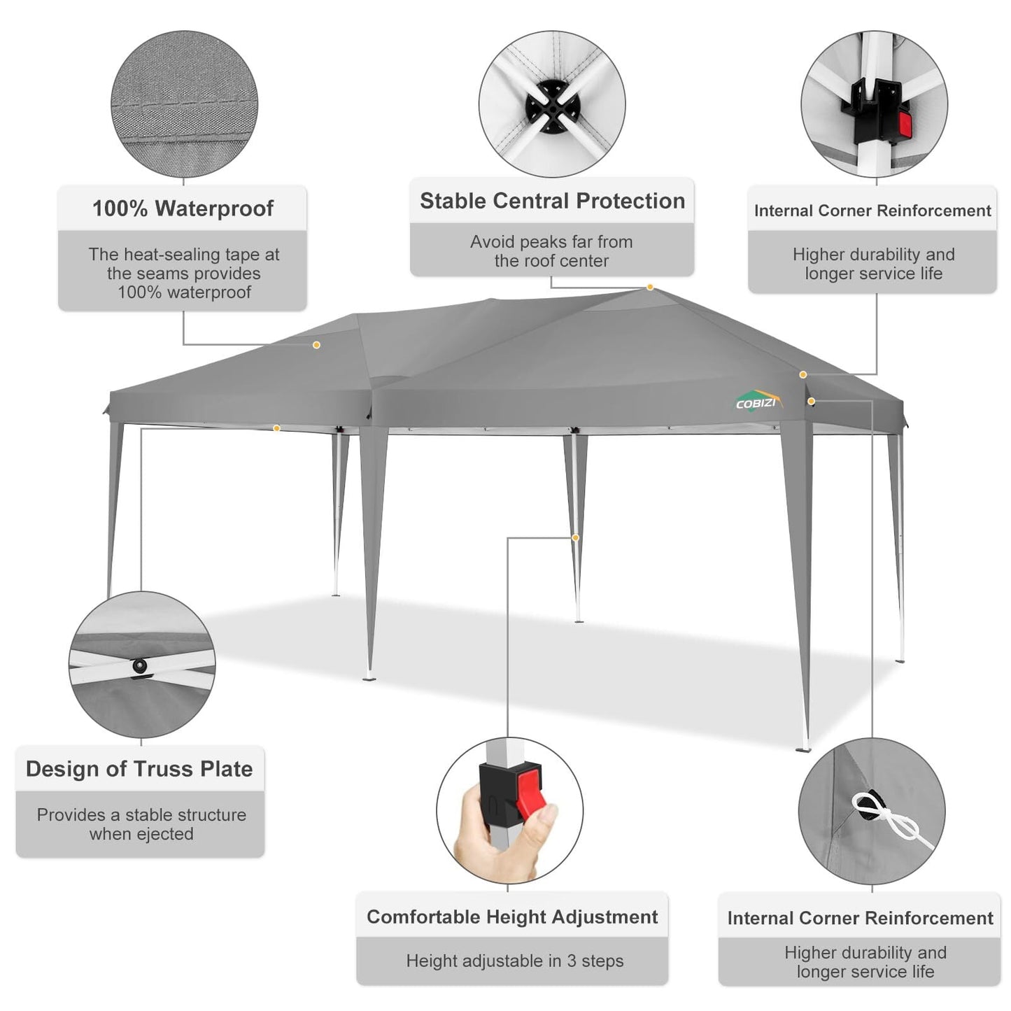 COBIZI 10x20 EZ Pop Up Canopy Tent Party Tent Outdoor Event Protable Instant Shelter Tent Gazebo with 6 Removable Sidewalls and Carry Bag,Gray
