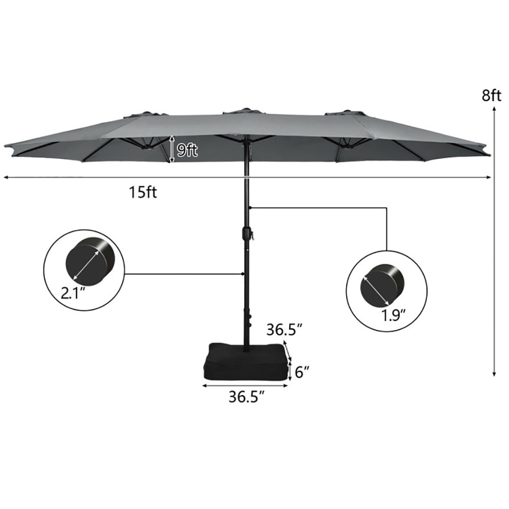 GVN 15 Feet Double-Sided Twin Patio Umbrella with Crank and Base-Gray, Outdoor Table Umbrella, Outdoor Umbrella, Market Umbrella for Outdoor Patio Backyard Garden Lawn Sun Shade
