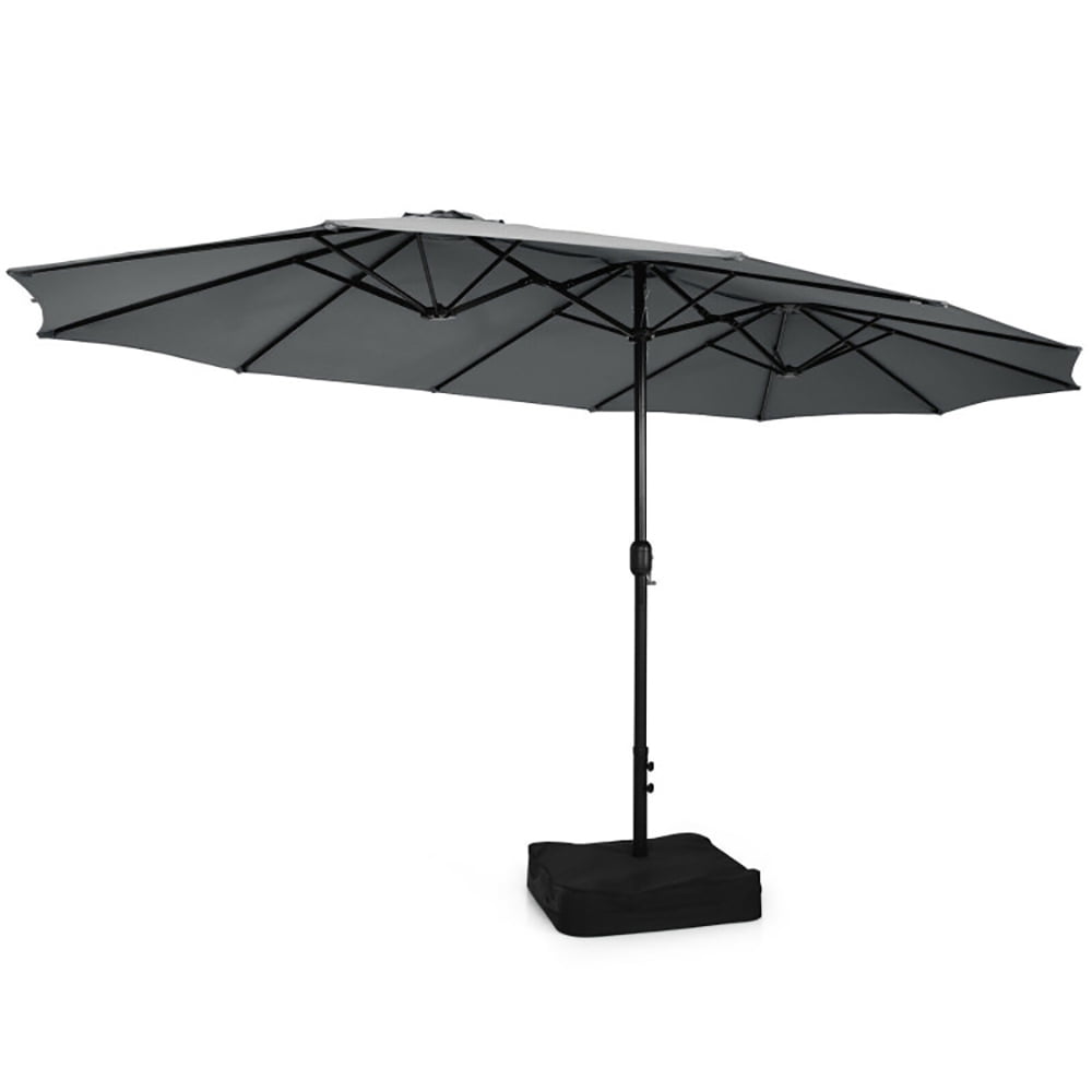 GVN 15 Feet Double-Sided Twin Patio Umbrella with Crank and Base-Gray, Outdoor Table Umbrella, Outdoor Umbrella, Market Umbrella for Outdoor Patio Backyard Garden Lawn Sun Shade