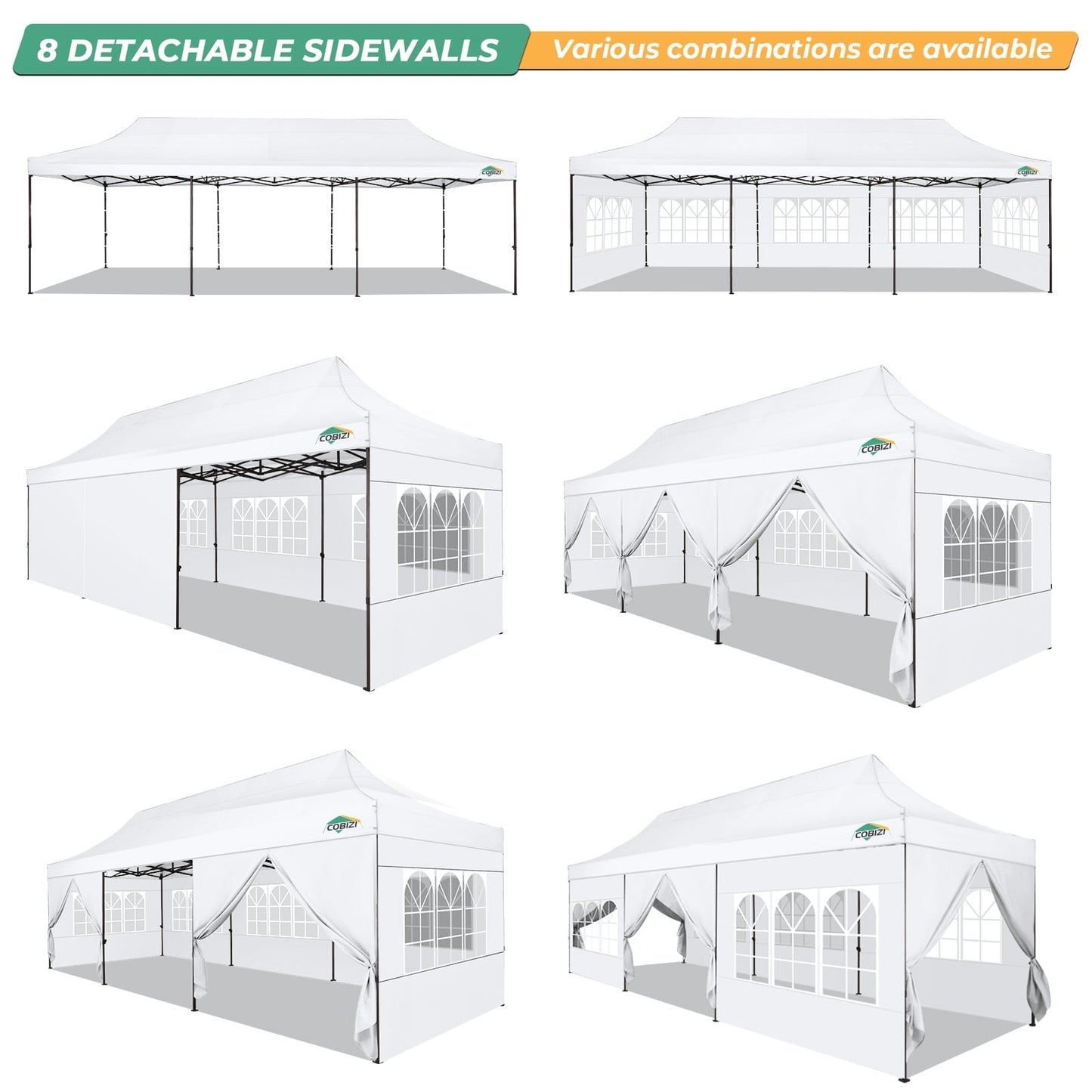 COBIZI Heavy Duty 10x30 Party Tent,Commercial pop up Canopy for Parties,Waterproof Gazebos, 8 Sidewalls,Waterproof UPF50+,White