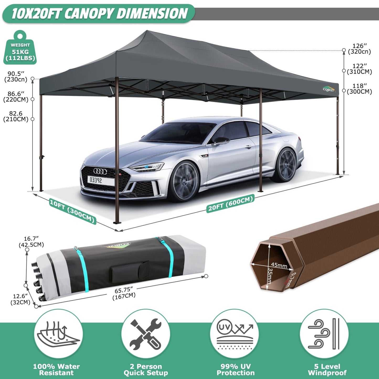 COBIZI 10x20 Pop Up Heavy Duty Canopy Tent with 4 Sandbags, Commercial Pop Up Tent for Parties All Weather Waterproof and UV 50+ Wedding Tent with Roller Bag, Outdoor Gazebo for Patio,gray
