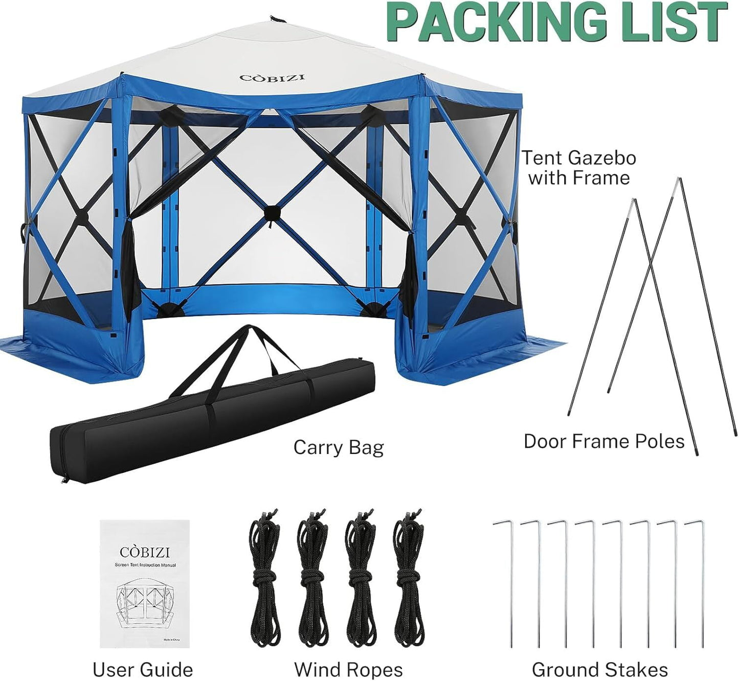 COBIZI 12x12 Pop Up Canopy Gazebo, Outdoor Canopy Tent Screen House with 6 sidewalls and Netting for Camping, Waterproof, UV Resistant, Ez Set-up Party Tent with Carrying Bag and Ground Stakes,Blue