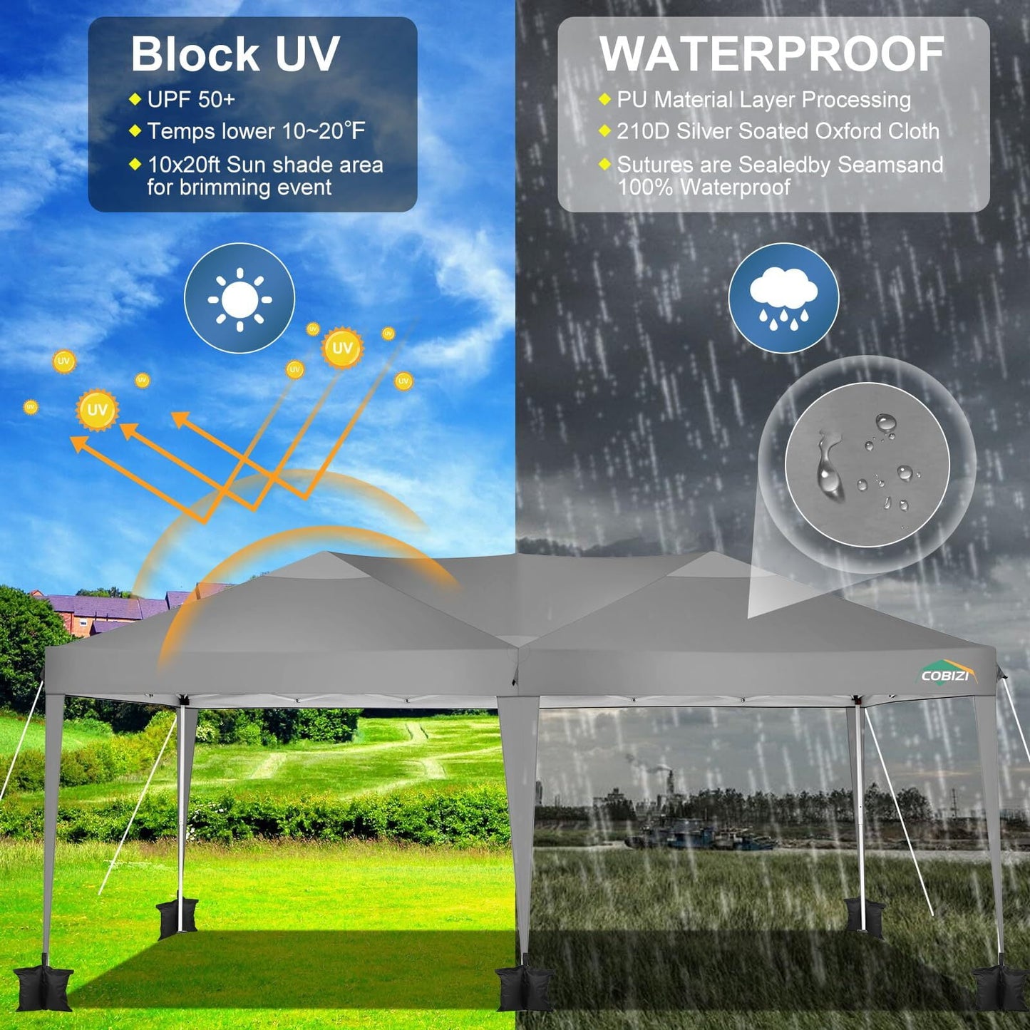 COBIZI 10x20 EZ Pop Up Canopy Tent Party Tent Outdoor Event Protable Instant Shelter Tent Gazebo with 6 Removable Sidewalls and Carry Bag,Gray