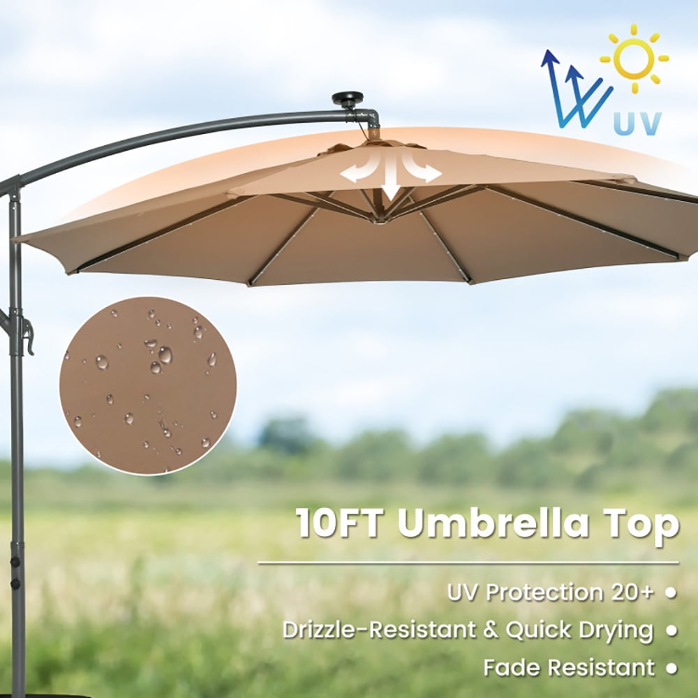 GVN 10 Feet Cantilever Umbrella with 32 LED Lights and Solar Panel Batteries-Tan, Patio Offset Umbrella with Easy Tilt Adjustment, Cantilever Patio Umbrellas, Sunshade Umbrella Canopy