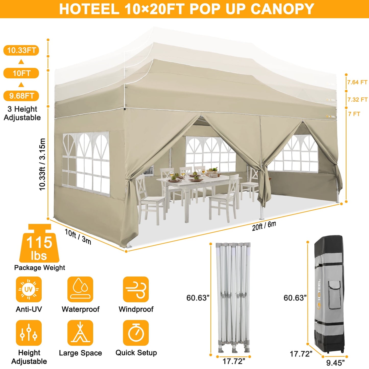 COBIZI Canopy 10x20 Pop up Canopy with 6 Sidewalls Heavy Duty Party Tent Outdoor Party Event Gazebo Commercial Canopy Tents for Parties Wedding Outdoor Events,Khaki