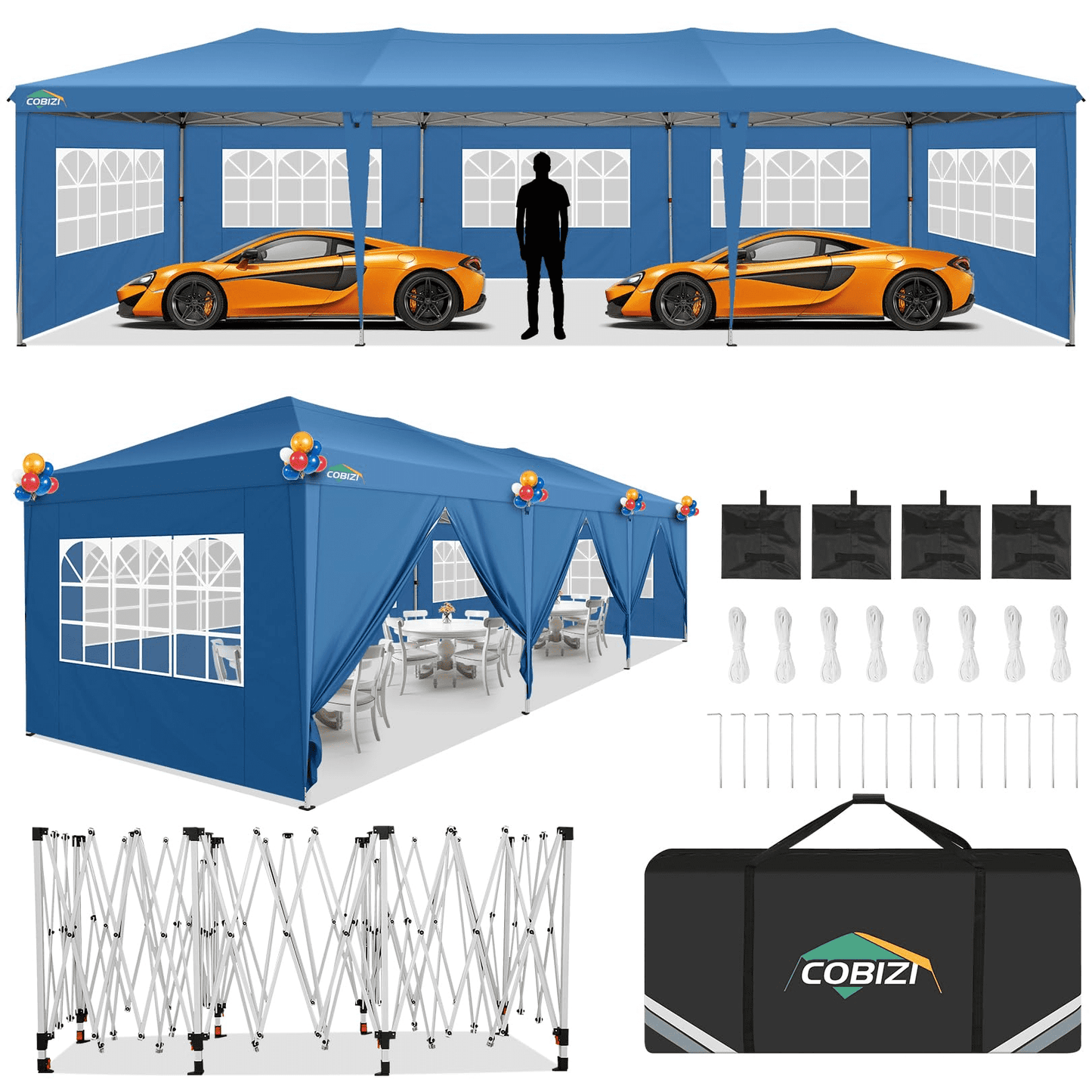 COBIZI 10x30 Pop Up Canopy Party Tent 10x30 Canopy Tent with 8 Sidewalls,Waterproof UPF 50+ 0utdoor Wedding Event Tents for Parties Backyard Canopy Gazebo with 4 Sand Bags&Carry Bags,Blue