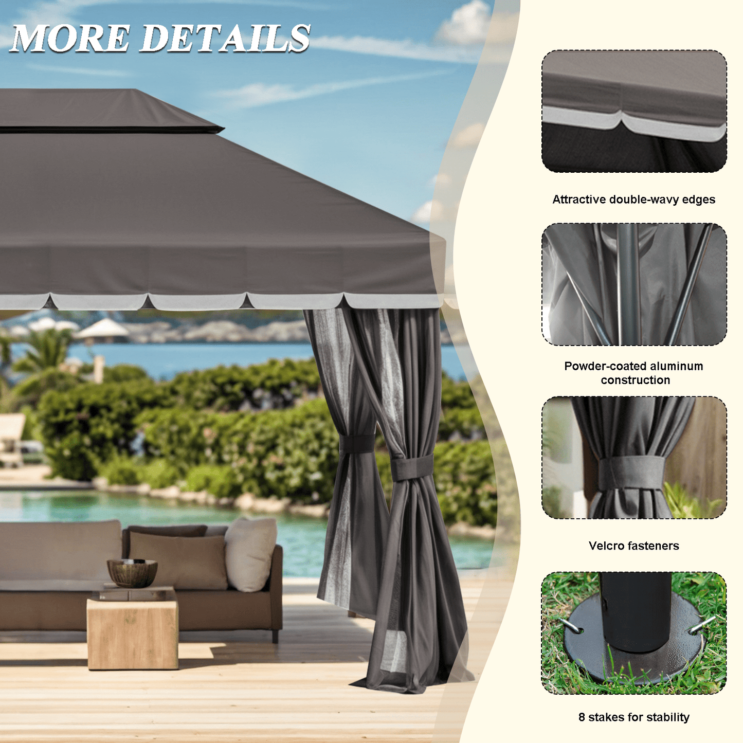 Grezone 10¡Á13 FT Deluxe No Screws Gazebo,Double Roof Outdoor Shelter Tent with Mosquito Nettings and Privacy Screens