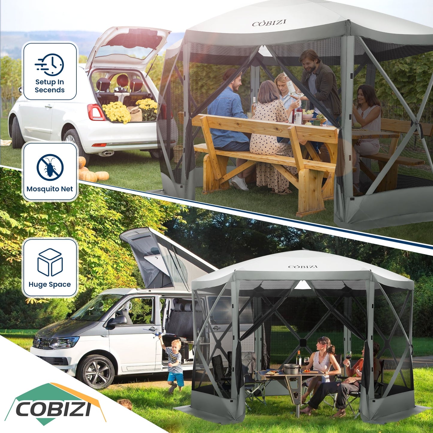COBIZI 12'x12' Outdoor Mesh Gazebo, UV & Water Resistant, Portable Camping Tent, Light Blue