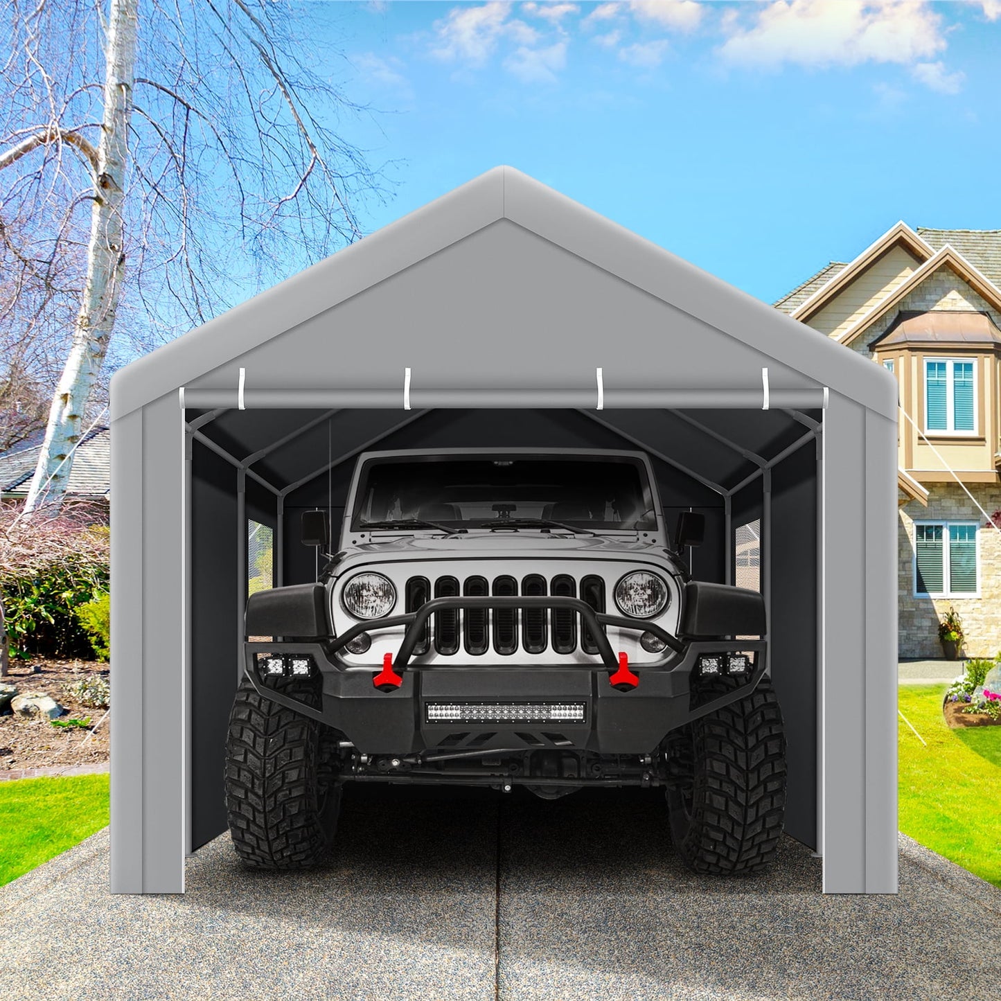 COBIZI 10'x20' Outdoor Auto Shelter Carport with Storage, Driveway Heavy Duty Car Tent, Gray