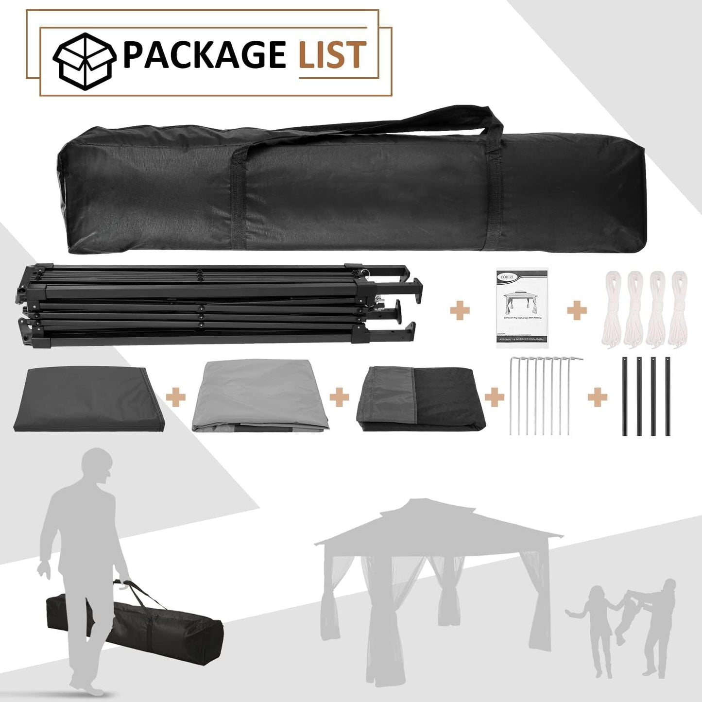 Hoteel Gazebo Canopy Tent, Pop-up Canopy 11x11 Tents for Parties, Outdoor Gazebo with Mosquito Netting and Vented Roof, Screen House for Garden Patio Backyard, Gray