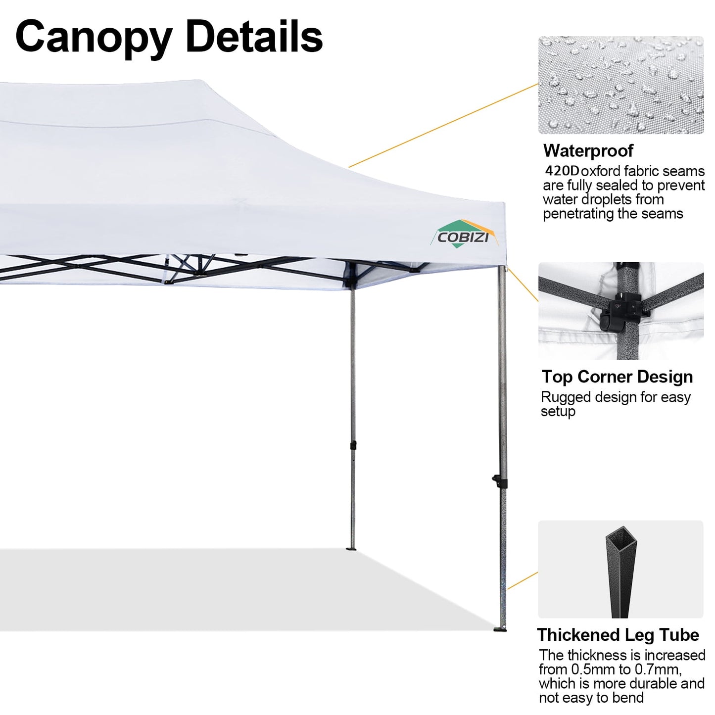 COBIZI 10 x 20 Heavy Duty Pop-up Canopy Tent with Adjustable Height, Waterproof and Instant Outdoor Shelter, Summer Canopy for Beach,Party,Camping Includes 4 Sandbags, and Carrying Bag,White