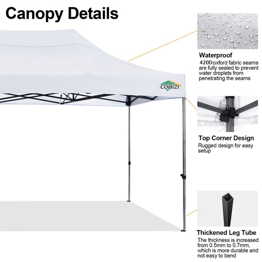COBIZI 10 x 20 Heavy Duty Pop-up Canopy Tent with Adjustable Height, Waterproof and Instant Outdoor Shelter, Summer Canopy for Beach,Party,Camping Includes 4 Sandbags, and Carrying Bag,White