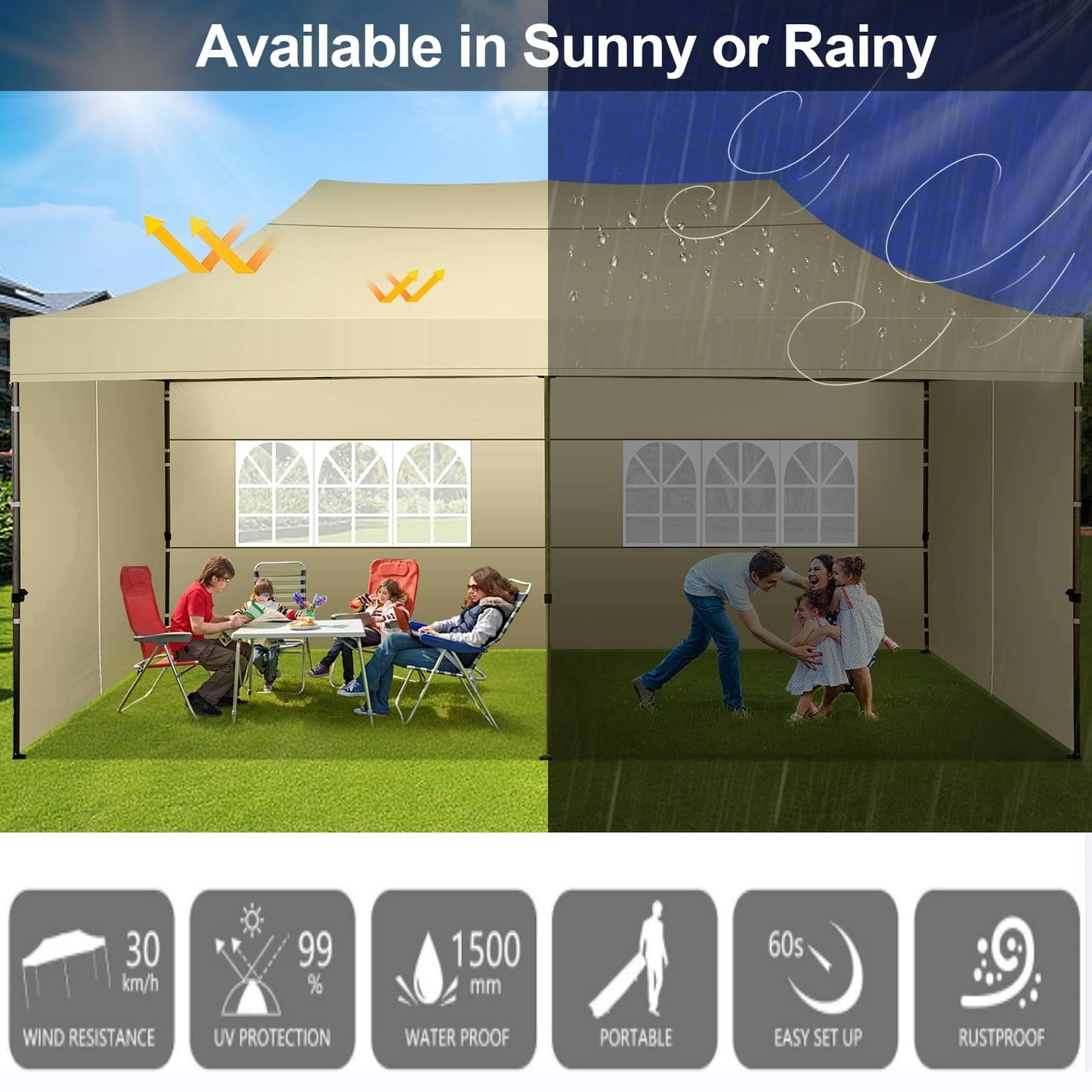 COBIZI 10x20 Heavy Duty Pop up Canopy Tent with 6 sidewalls Easy Up Commercial Outdoor Canopy Wedding Party Tent for Beach All Season Wind & Waterproof Gazebo with Roller Bag,Khaki (Frame Thickened)