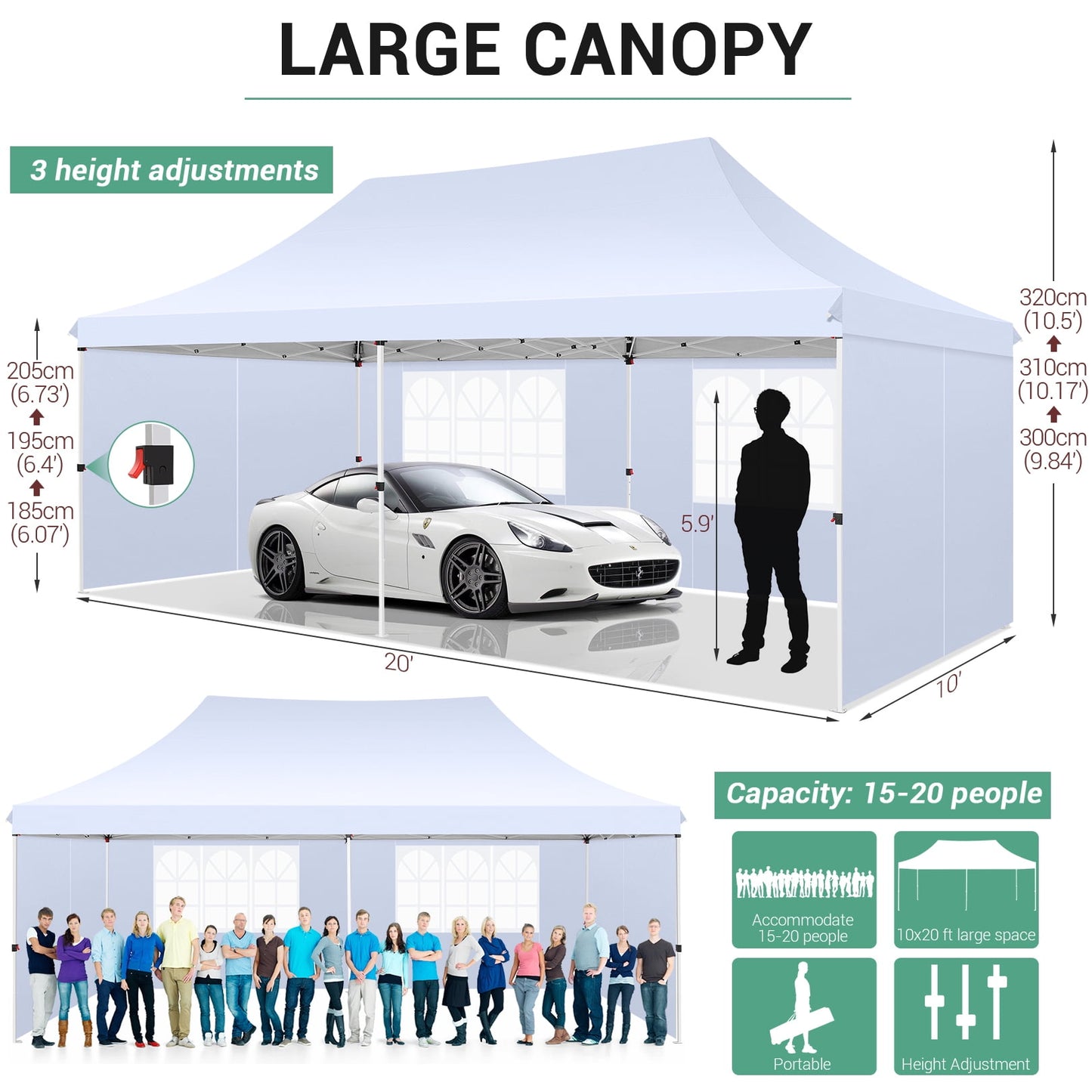 COBIZI 10x20 Pop up Canopy with 6 Removable Sidewalls,Outdoor Waterproof Canopy Tents for Partie Wedding,Instant Sun Protection Shelter with Upgrade Raised Roof and Carry Bag,White