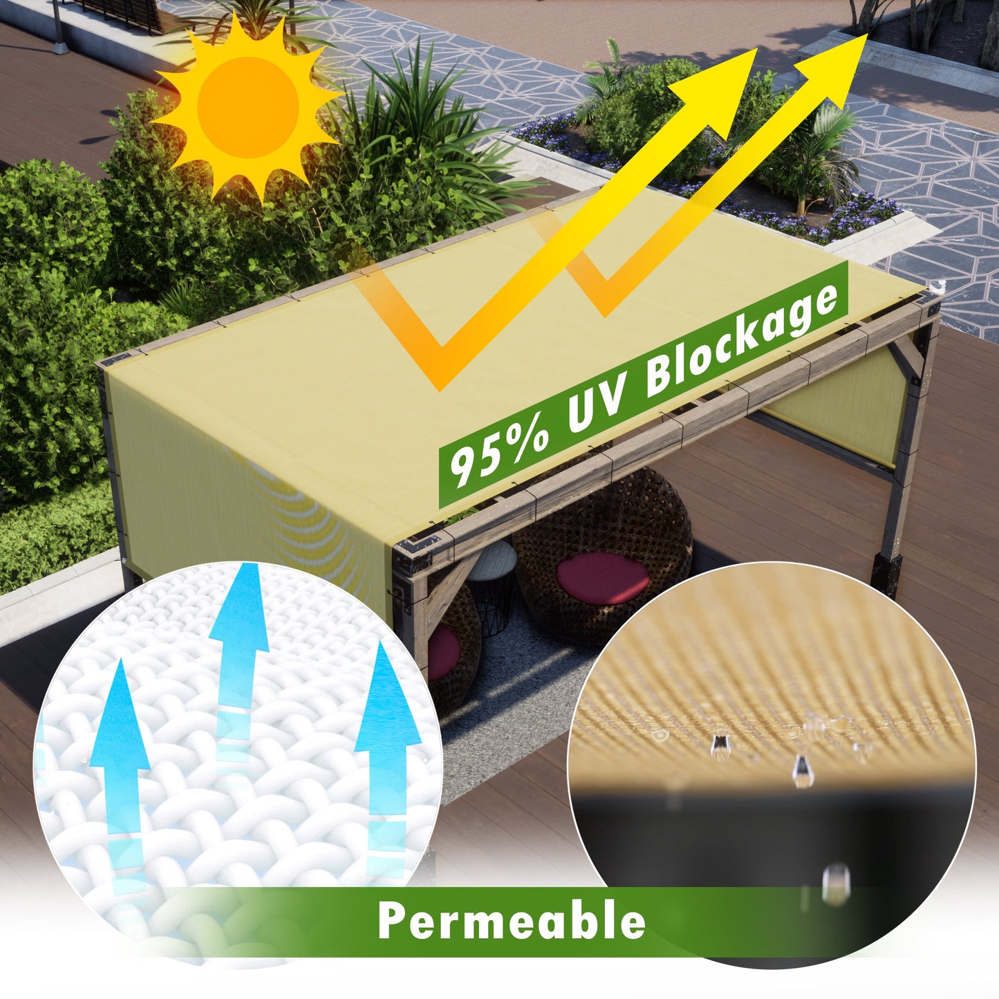 ColourTree 10' W x 10' L Sand Beige Pergola Sun Shade Canopy Replacement Cover, Commercial Grade 260 GSM Cloth for Outdoor Patio, Includes Stainless Steel Weighted Rods (We Make Custom Size)