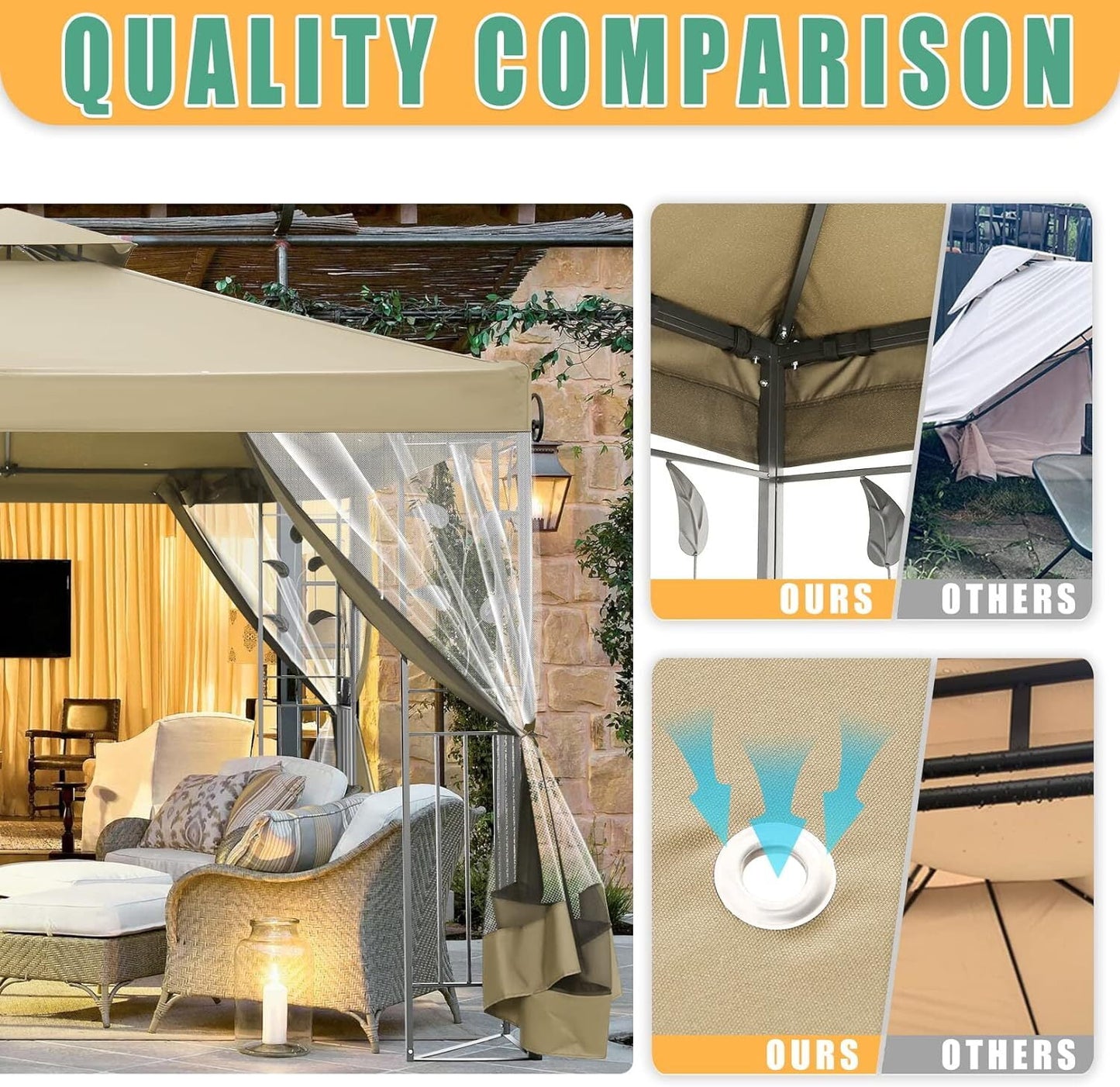 COBIZI Gazebo 10x10 Outdoor Gazebo Patio Gazebo with Mosquito Netting, Heavy Duty Gazebo Double Roof Outdoor Canopy with Sturdy Metal Frame Gazebo Tent for Patio, Deck, Backyard (Khaki, New)